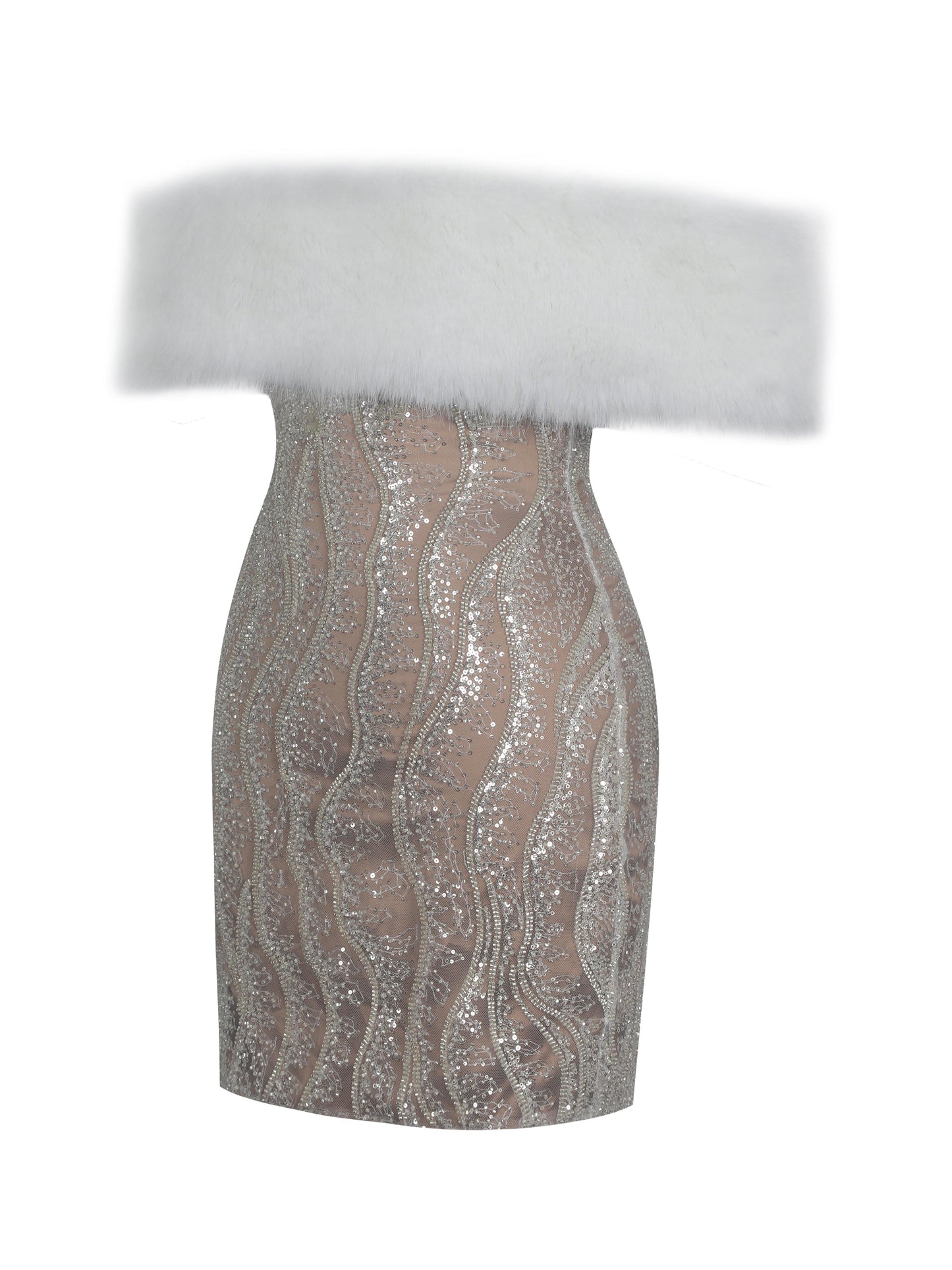 Averie White Fur Off-Shoulder Beige Sequin Mini Dress