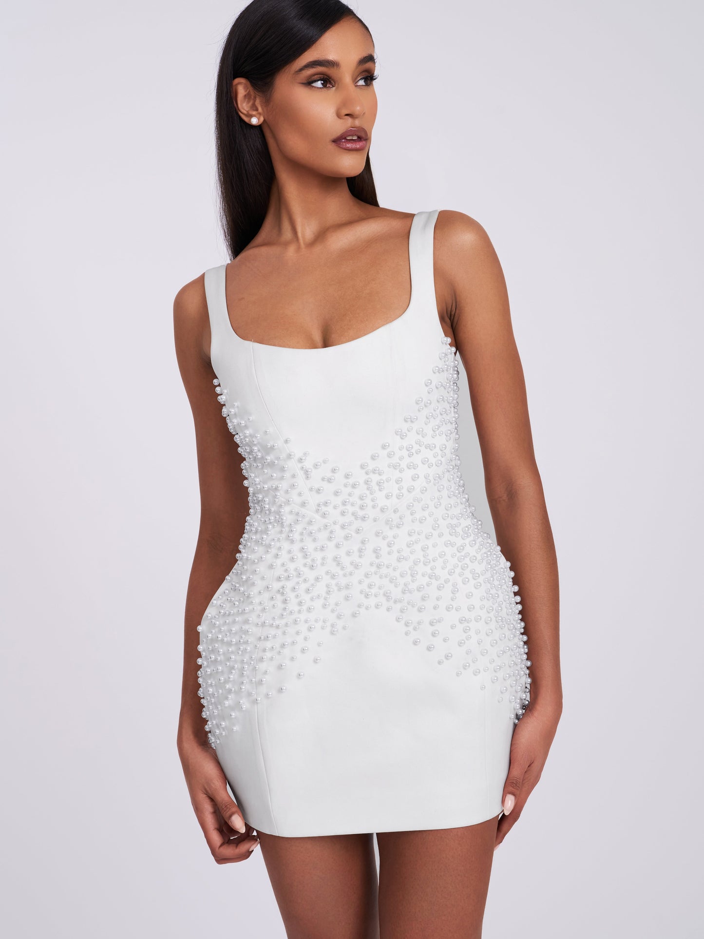 Tais Pearl Beaded Cocoon Shape Sleeveless Mini Dress