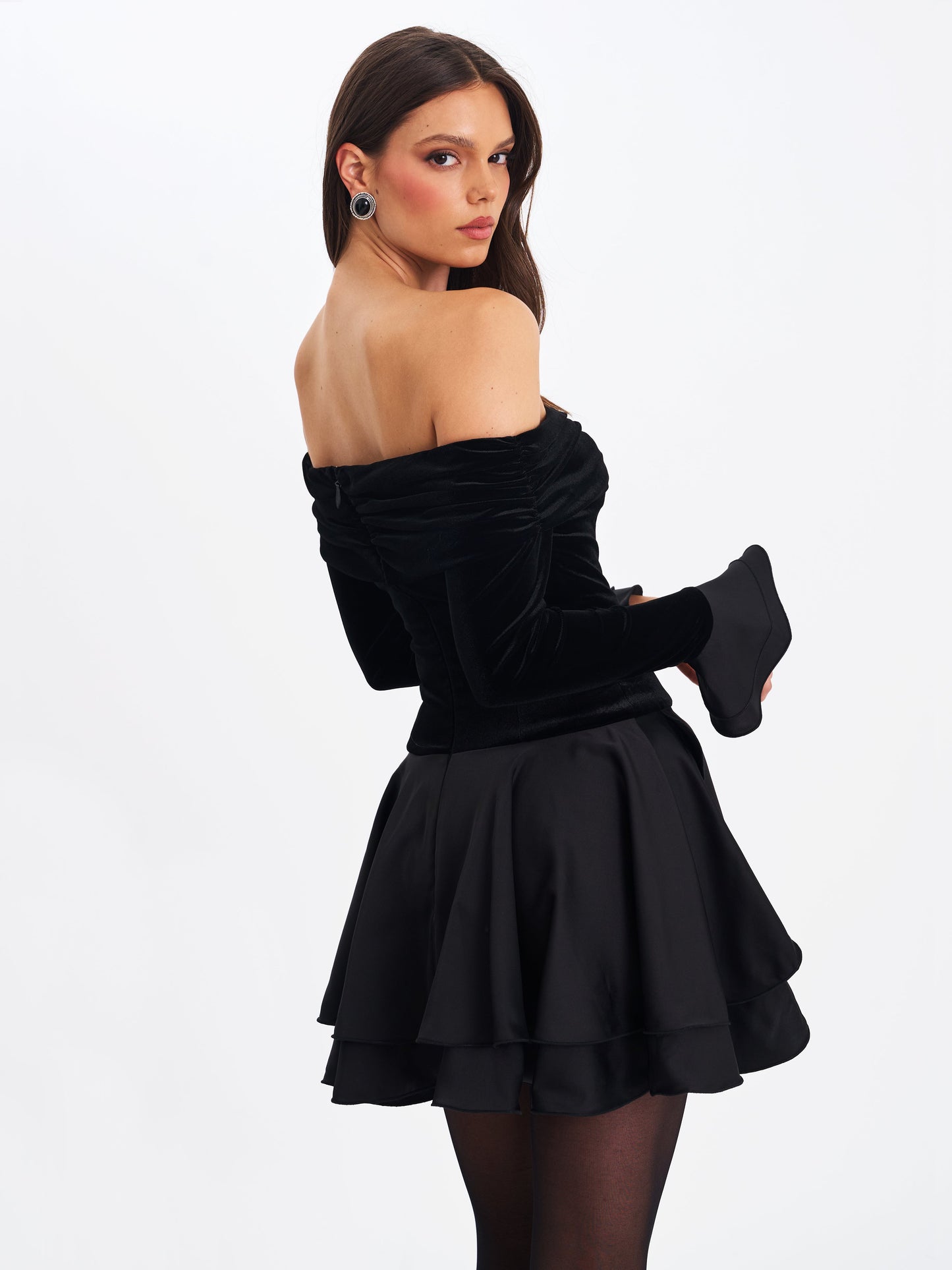 Magnolia Black Off-Shoulder Layered Satin Mini Dress