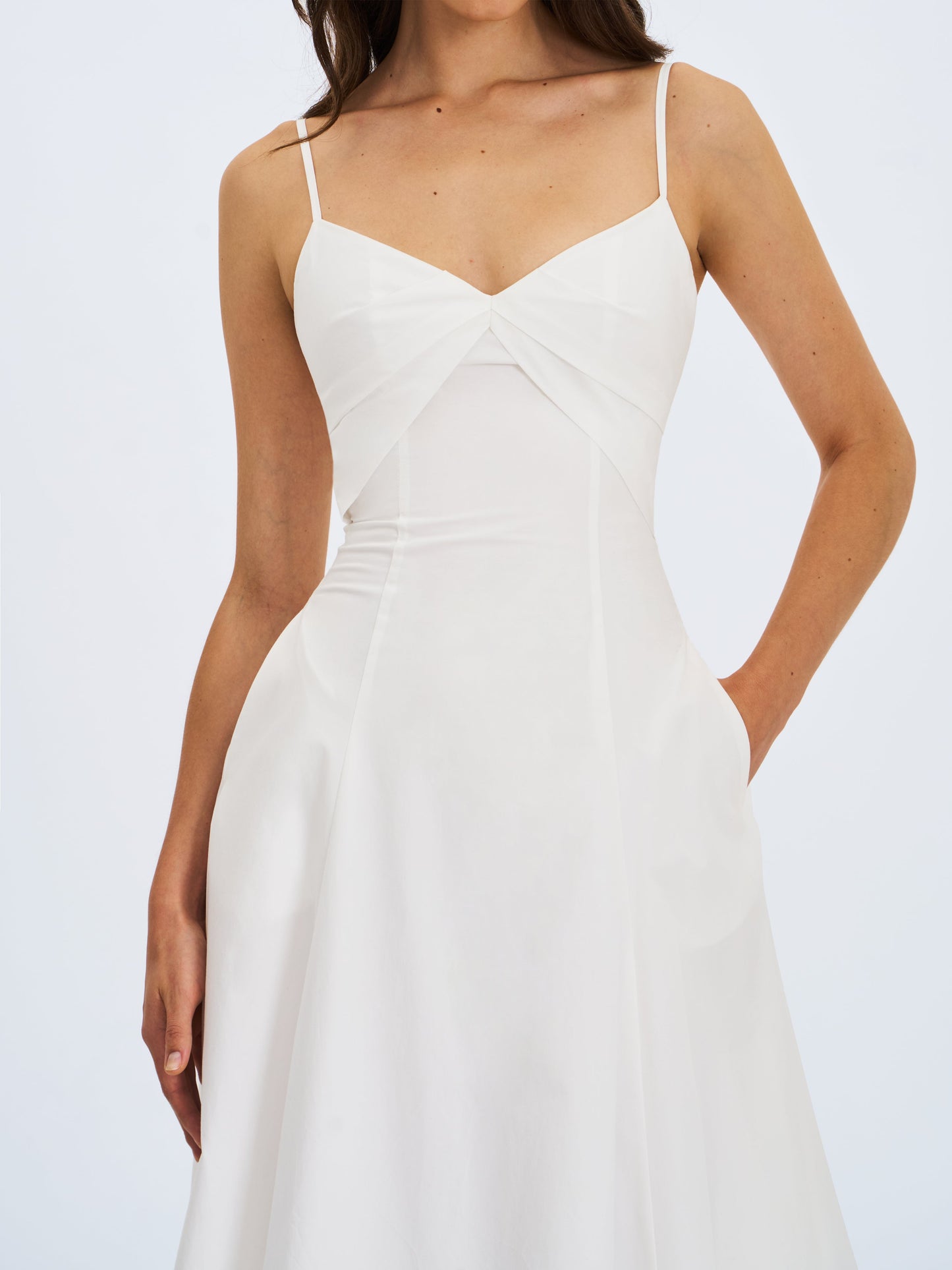 Corinne White Poplin Flared Midi Dress with Removable Bow