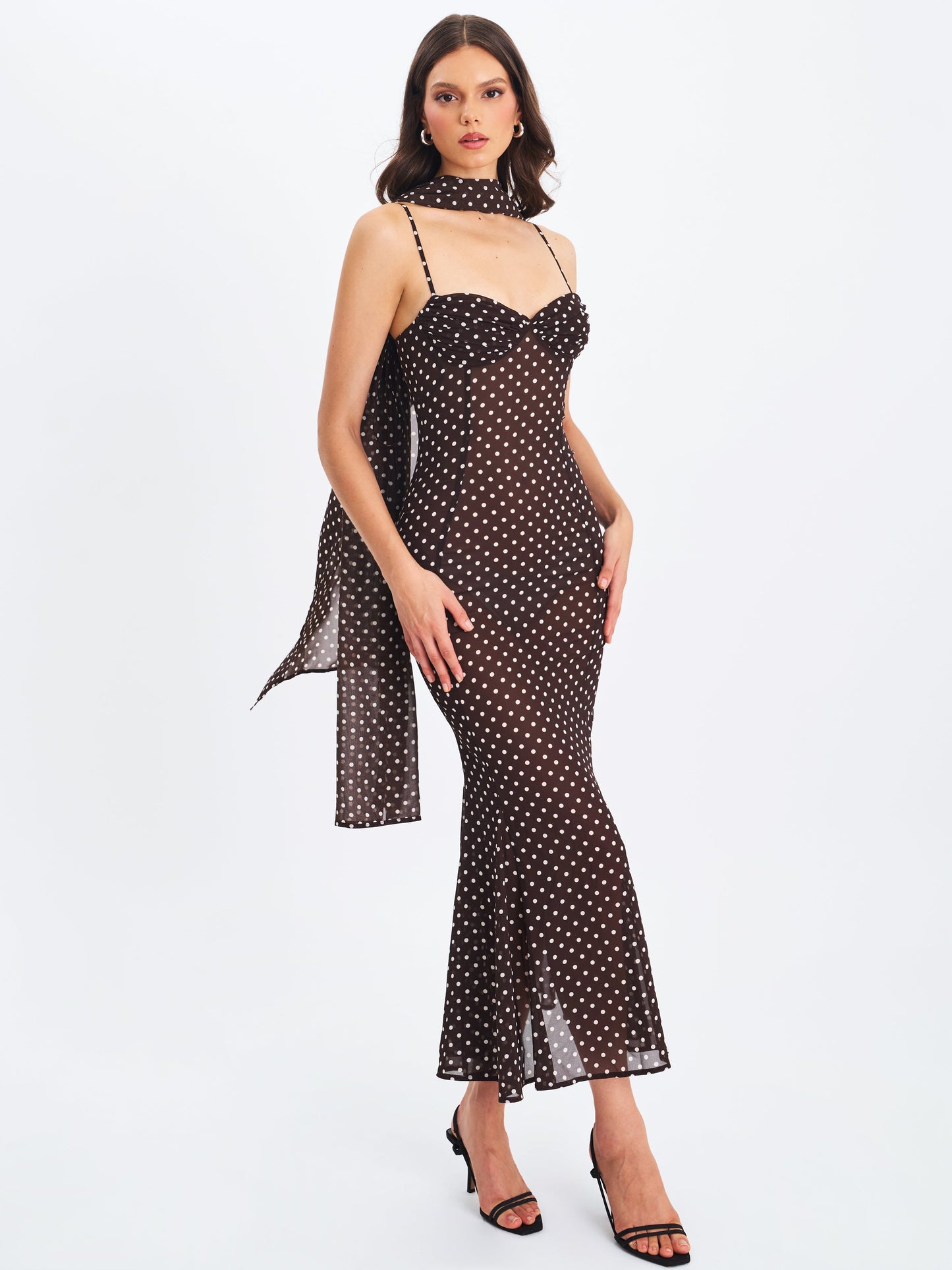 Yadira Brown Base Polka Dot Chiffon Maxi Dress