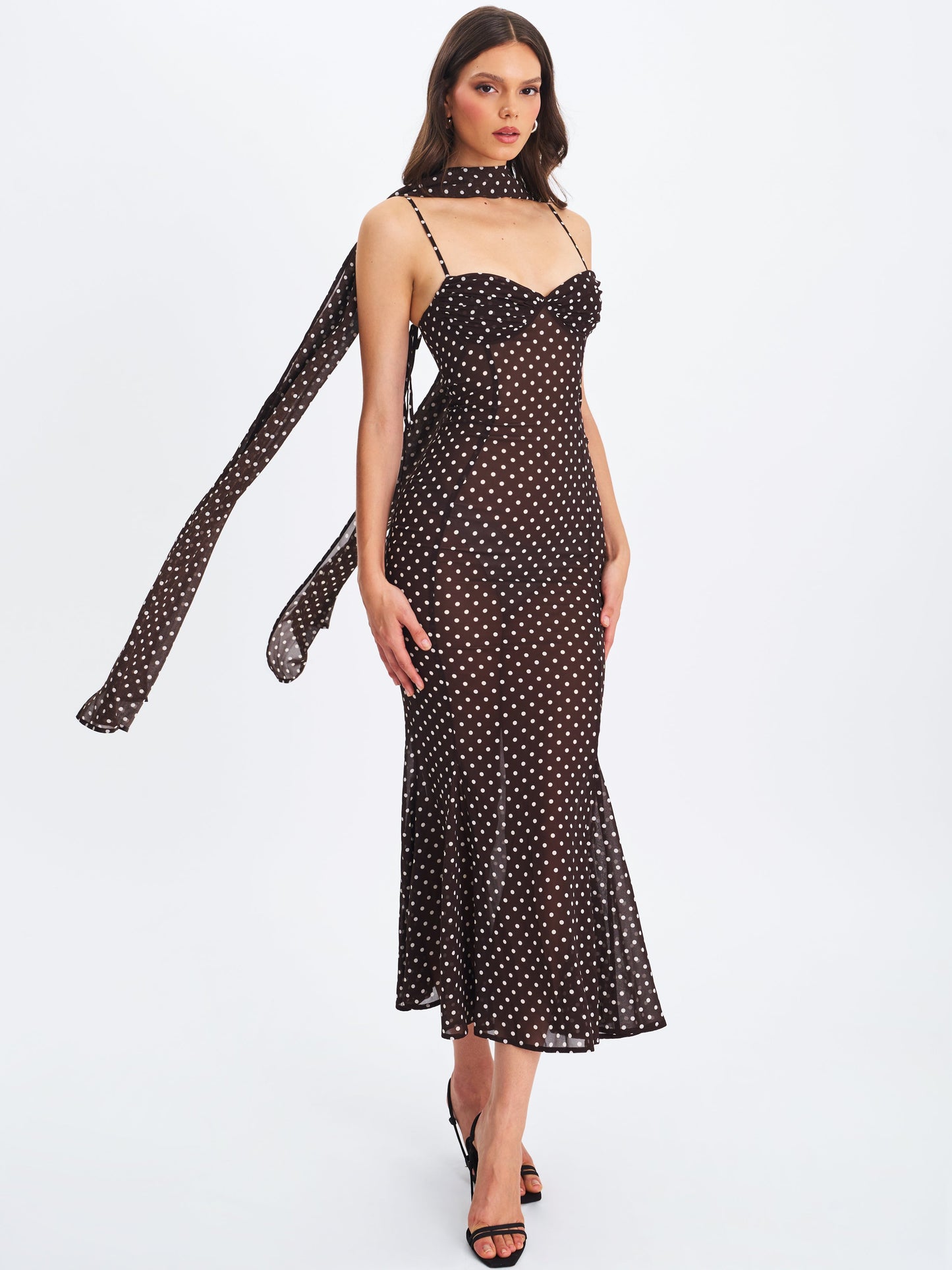 Yadira Brown Base Polka Dot Chiffon Maxi Dress