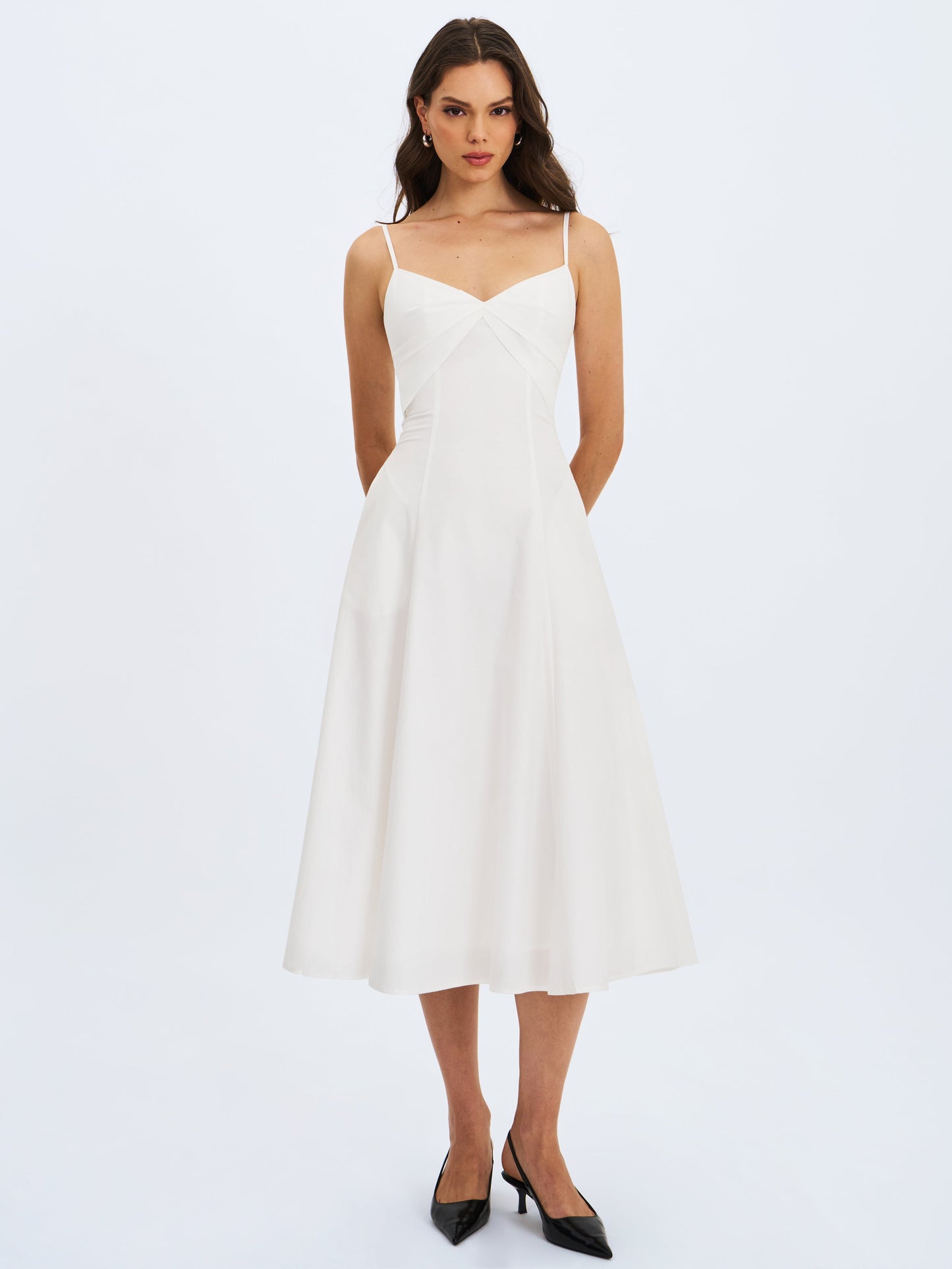 Corinne White Poplin Flared Midi Dress with Removable Bow