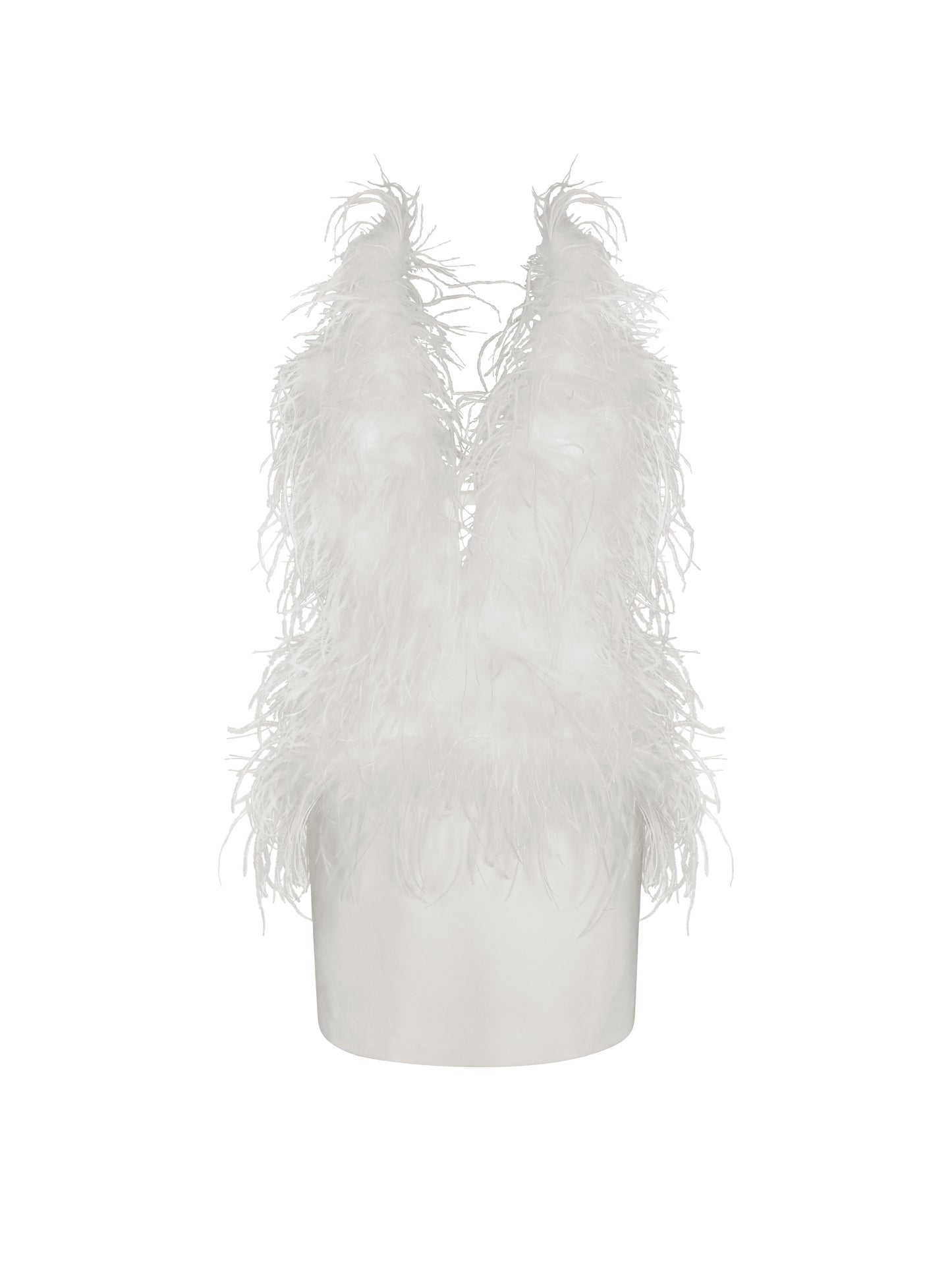 Quisten White Feathered Plunging Halter Mini Dress