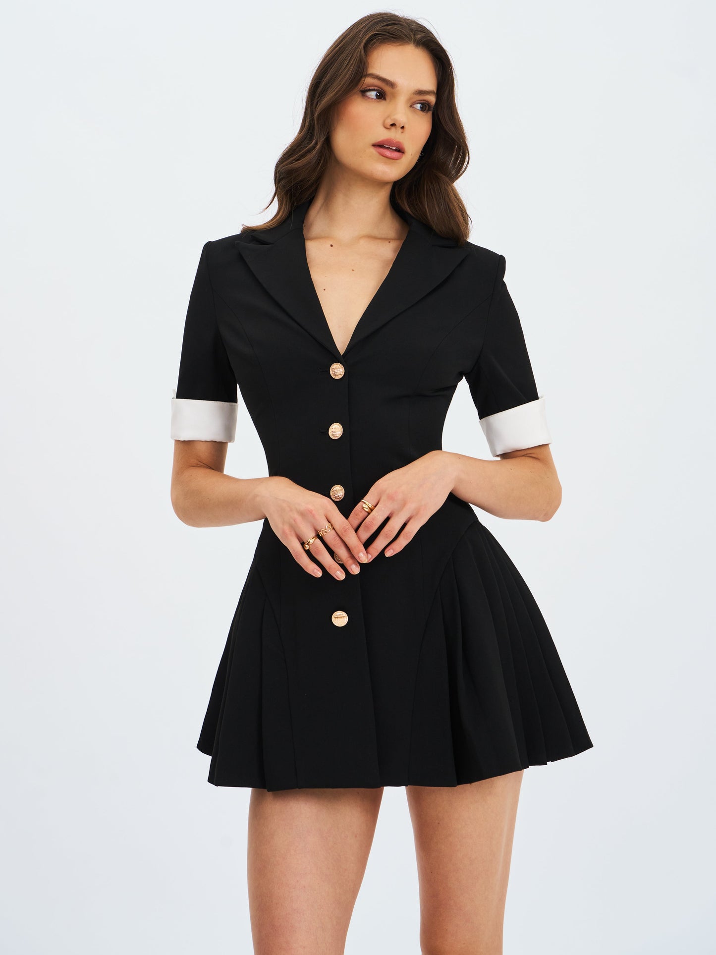Ilitha Black Woven Crepe Pleated Mini Blazer Dress