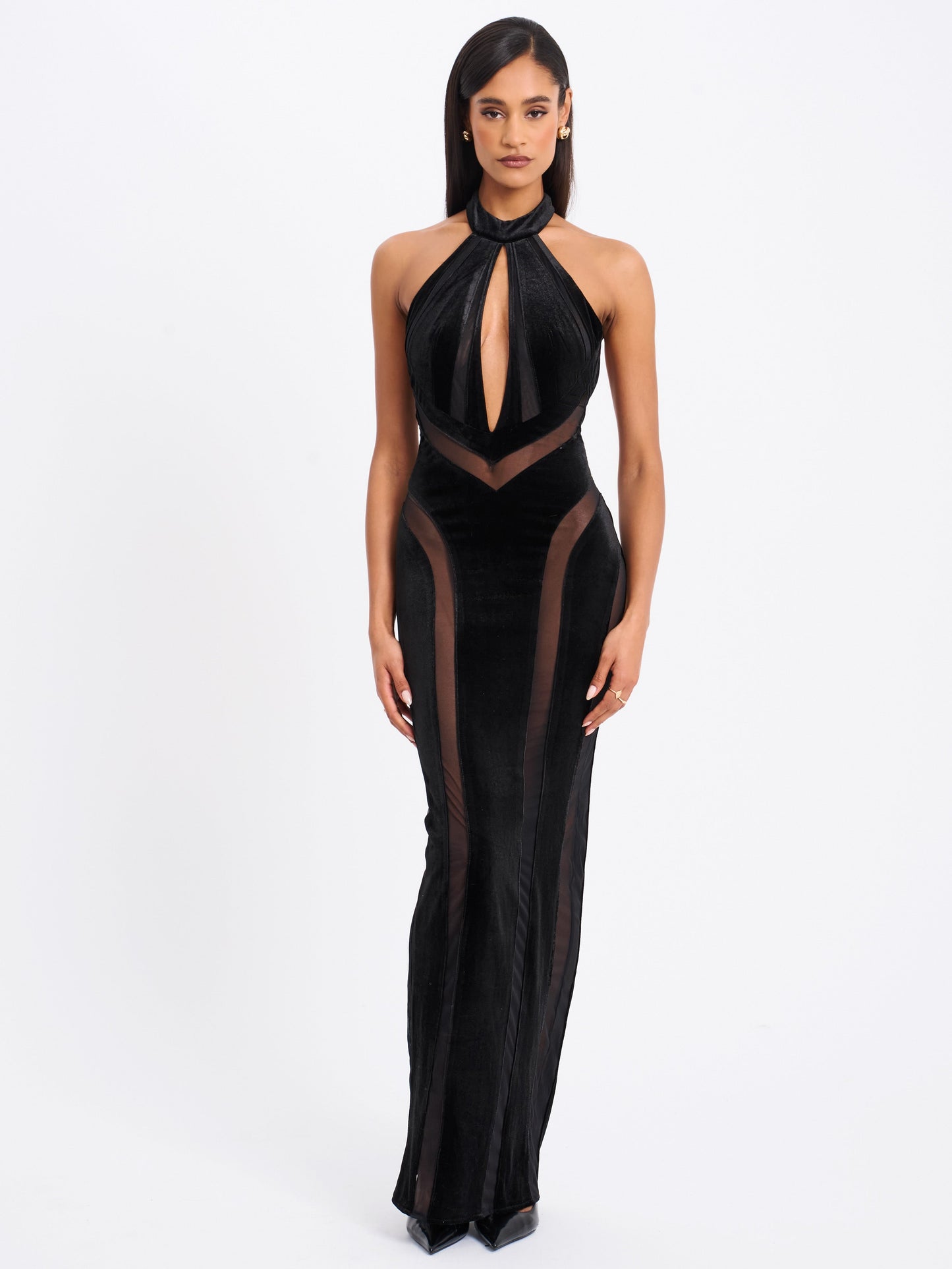 Paityn Black Velvet Mesh Cutout Halter Gown