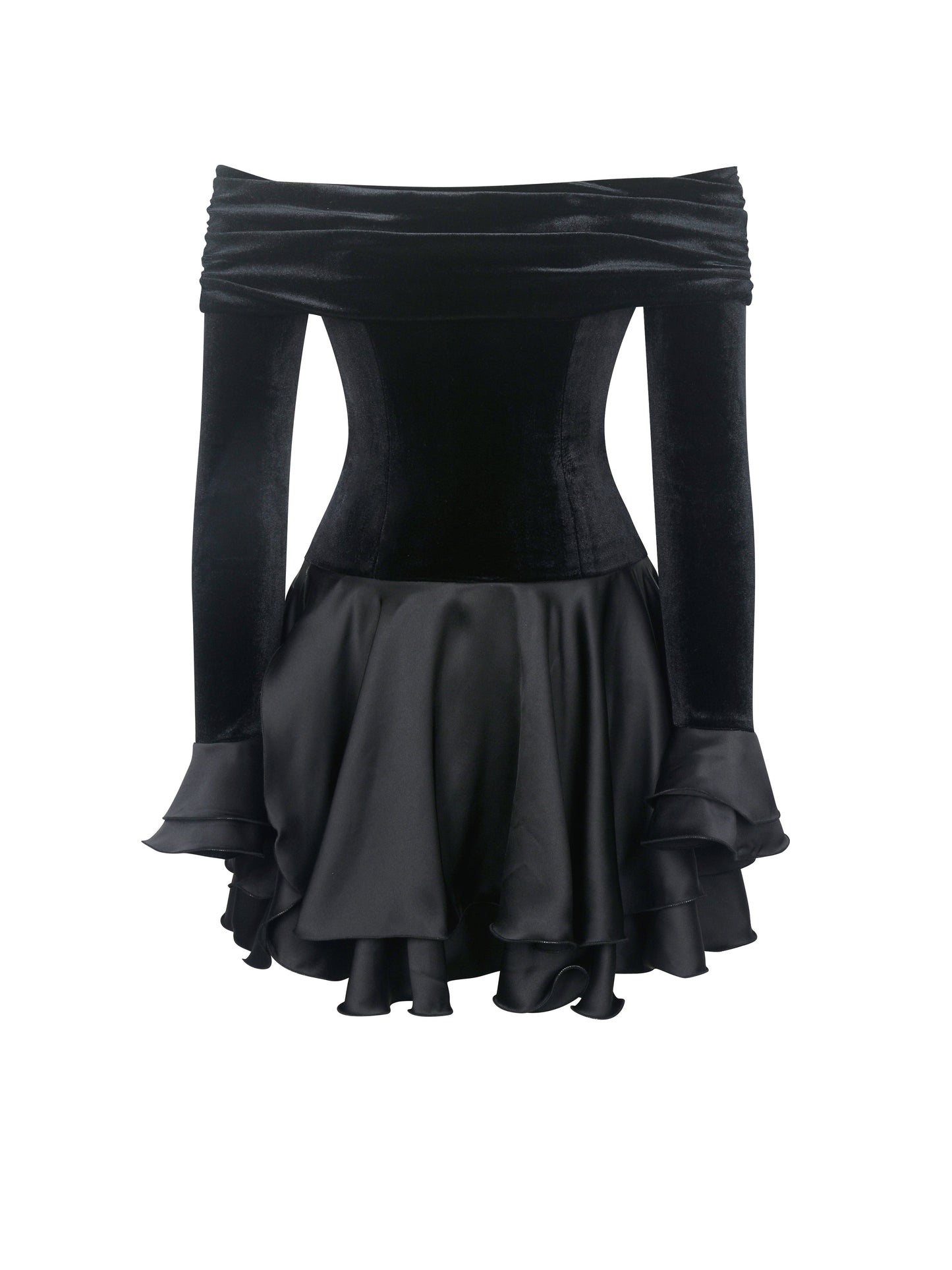 Magnolia Black Off-Shoulder Layered Satin Mini Dress