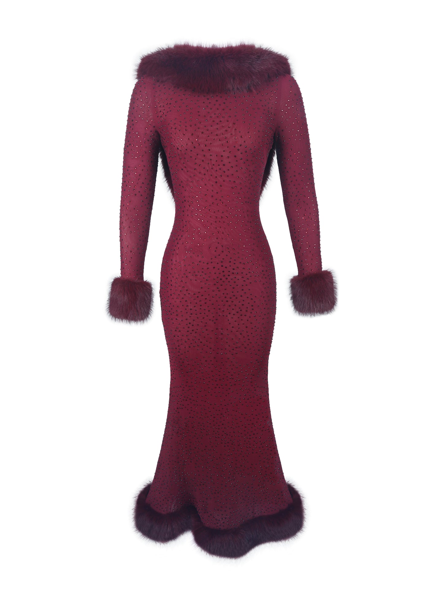 Mellie Burgundy Regular-Length Rhinestone Mesh Low Back Mermaid Gown