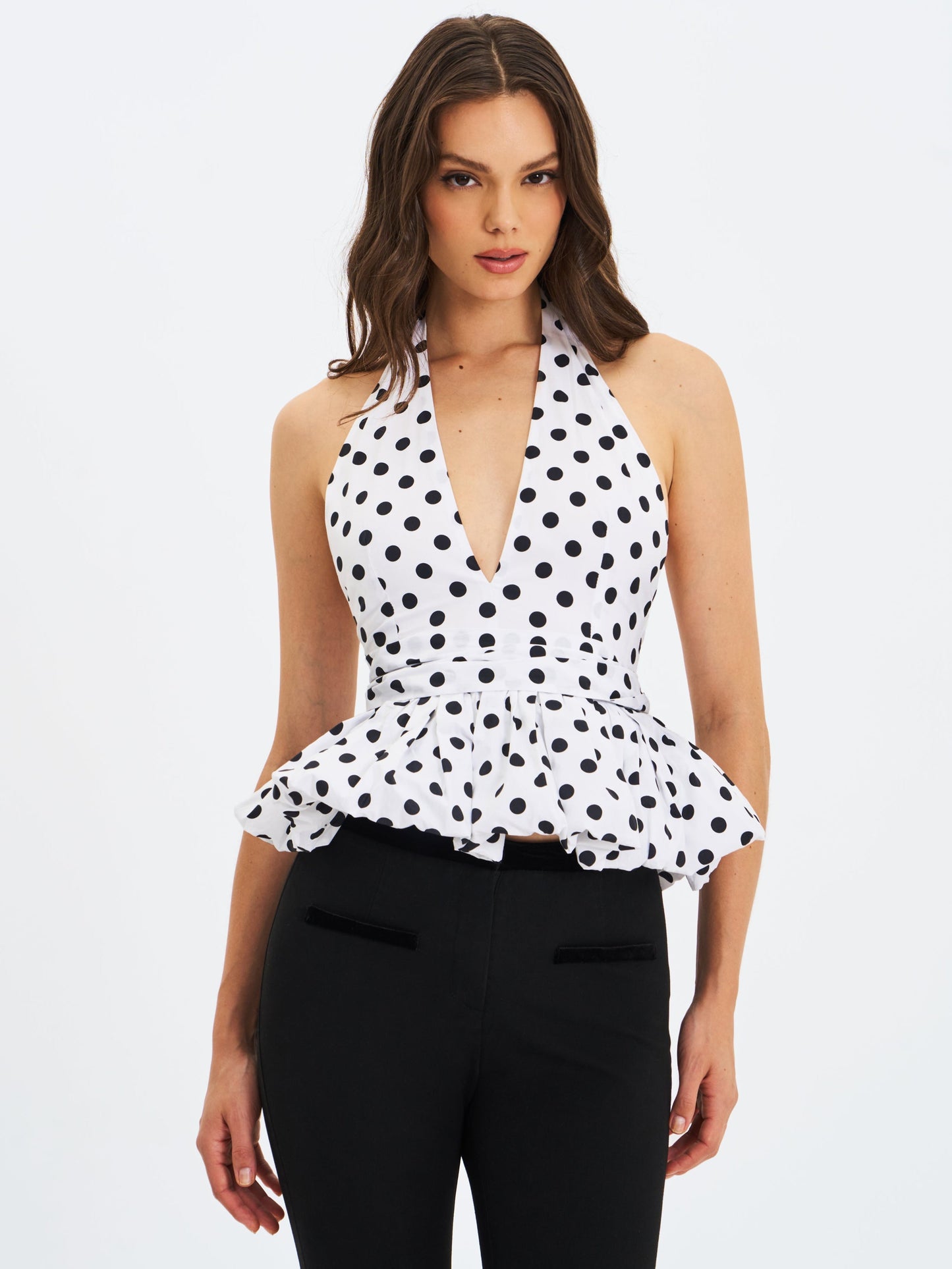 Ilene White and Black Polka Dot Bubble Hem Halter Top