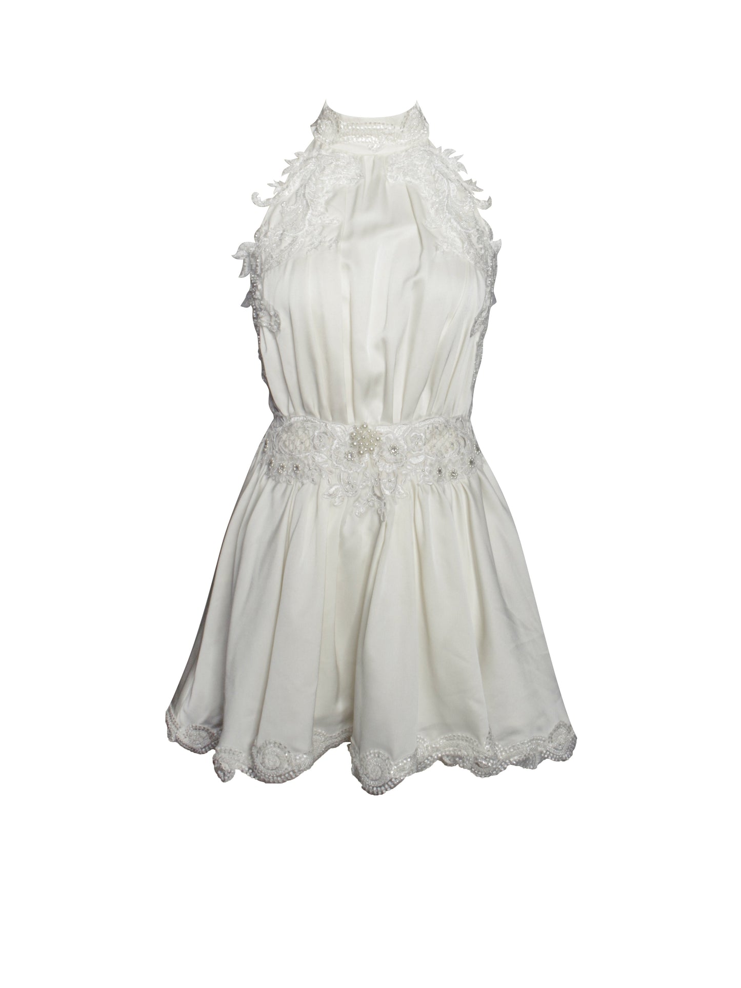 Idalia Pearl White Beaded Lace Trim Backless Halter Mini Dress