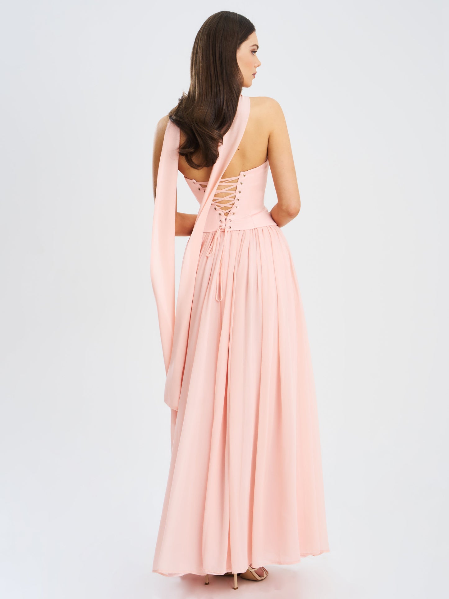 Qianna Baby Pink Peplum Drop Waist Chiffon Gown