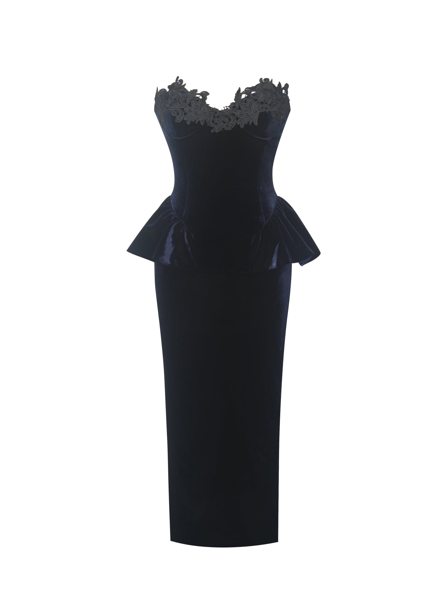 Pascha Black Lace Appliqué Strapless Peplum Midi Dress