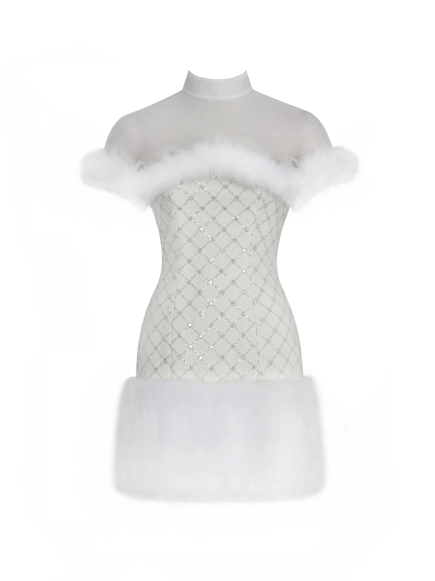 Taylor Ivory Fur Trimmed Beaded Bouclé Mini Dress