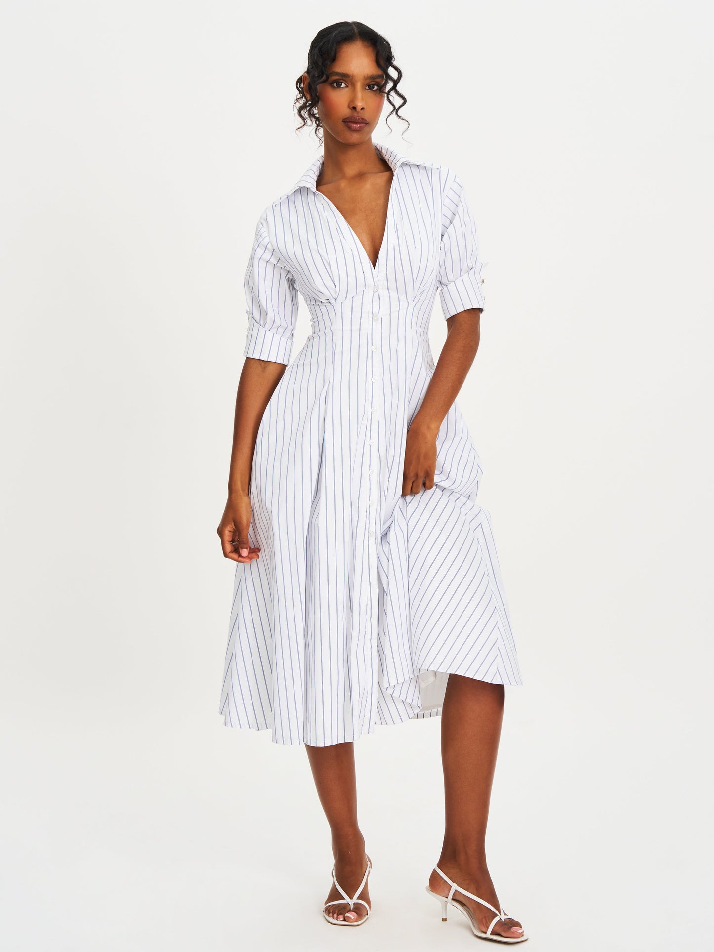 Palina Pinstripes Cotton Poplin Pleated Midi Preppy Shirt Dress