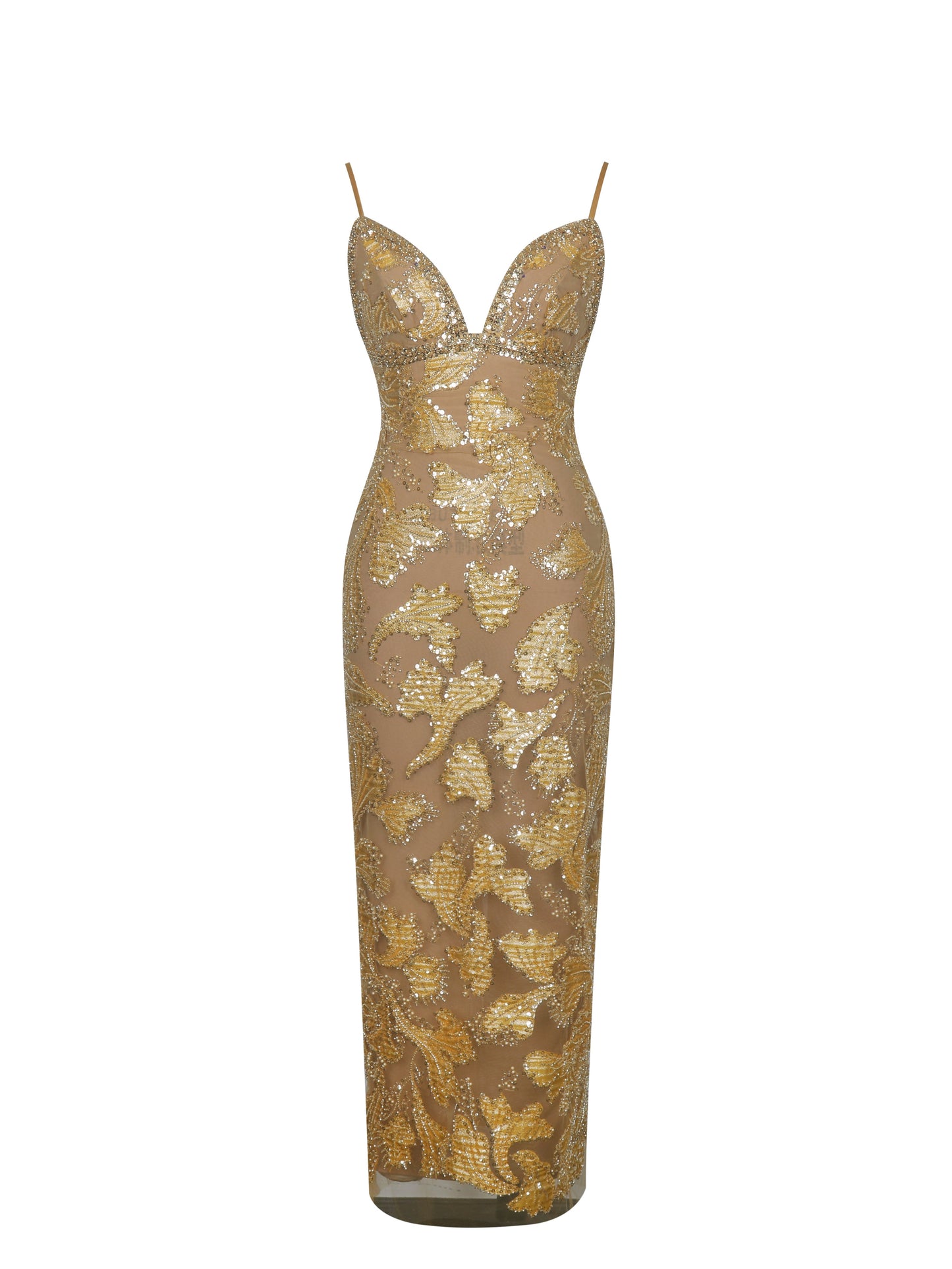 Edie Gold Beaded Sequin Midi Pencil Dress