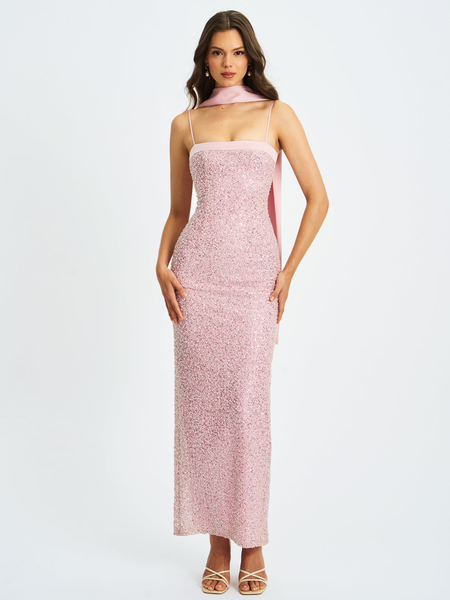 Raizel Pink Beaded Sequin Bodycon Gown with Scarf
