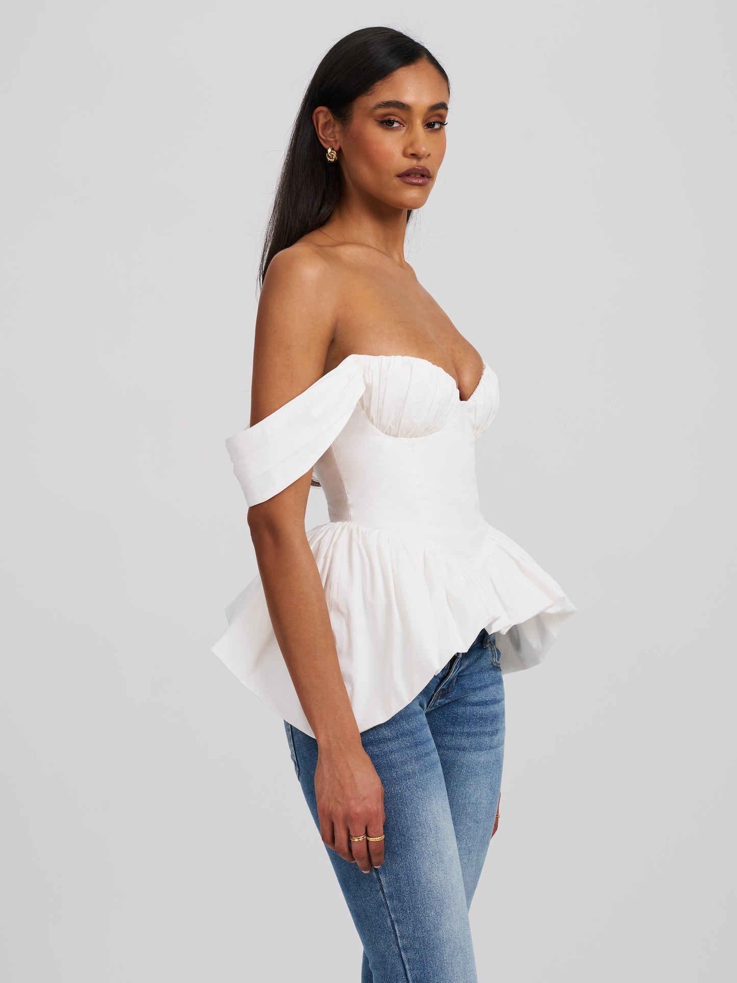 Qistina White Off-shoulder Bubble Hem Peplum Cotton Top