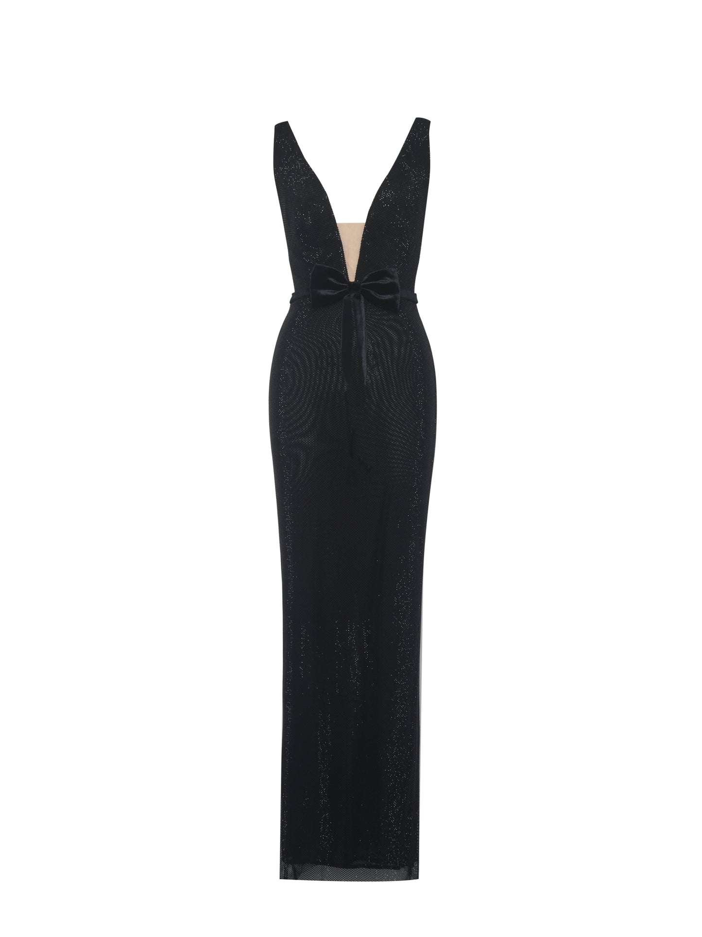 Olympia Black Belted Bow Plunging Rhinestone Maxi Dress