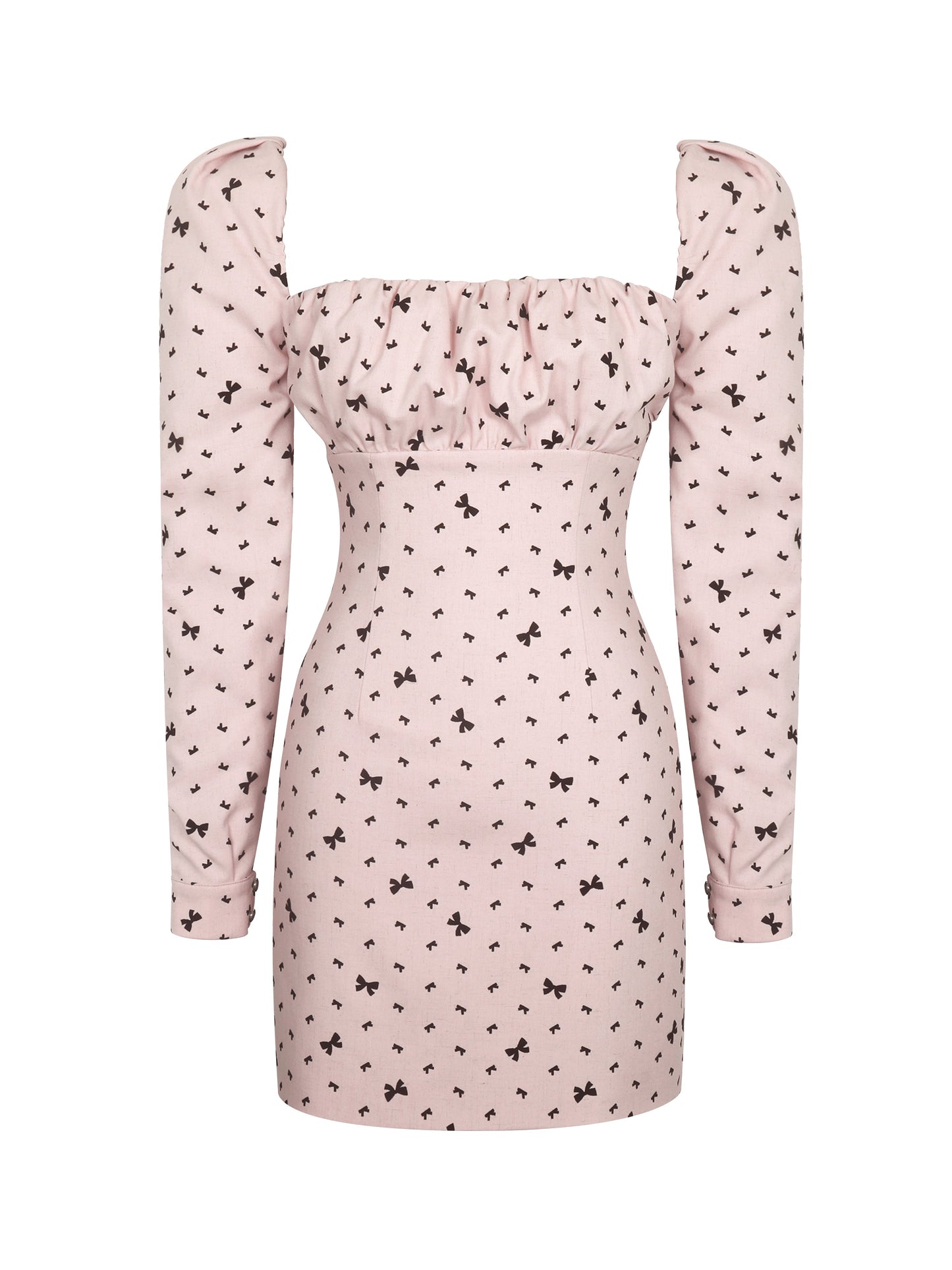 Perla Baby Pink Ruched Bust Velvet-Embossed Bow Mini Dress