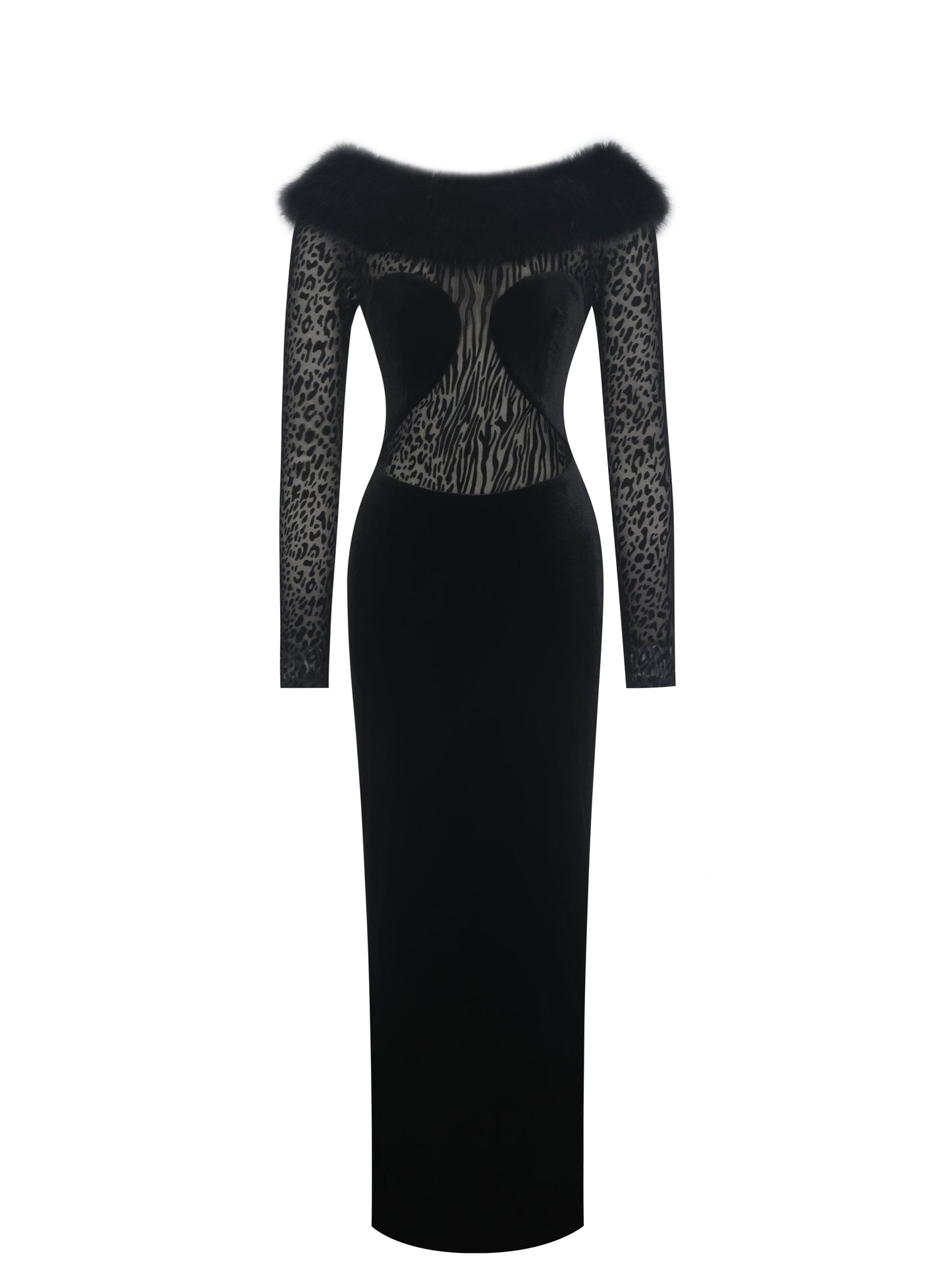 Alexis Black Velvet Animal Print Fur Boatneck Maxi Dress