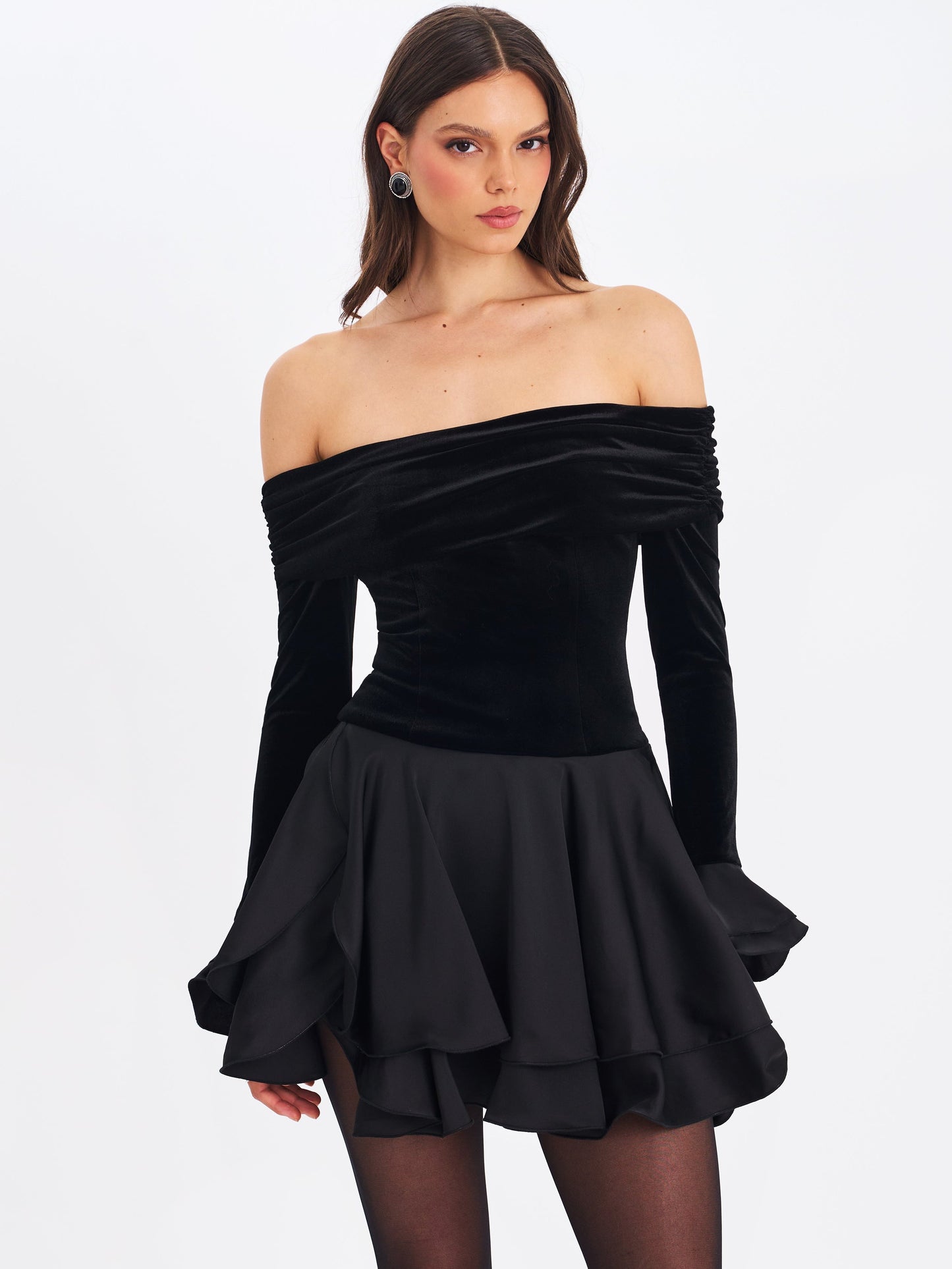 Magnolia Black Off-Shoulder Layered Satin Mini Dress