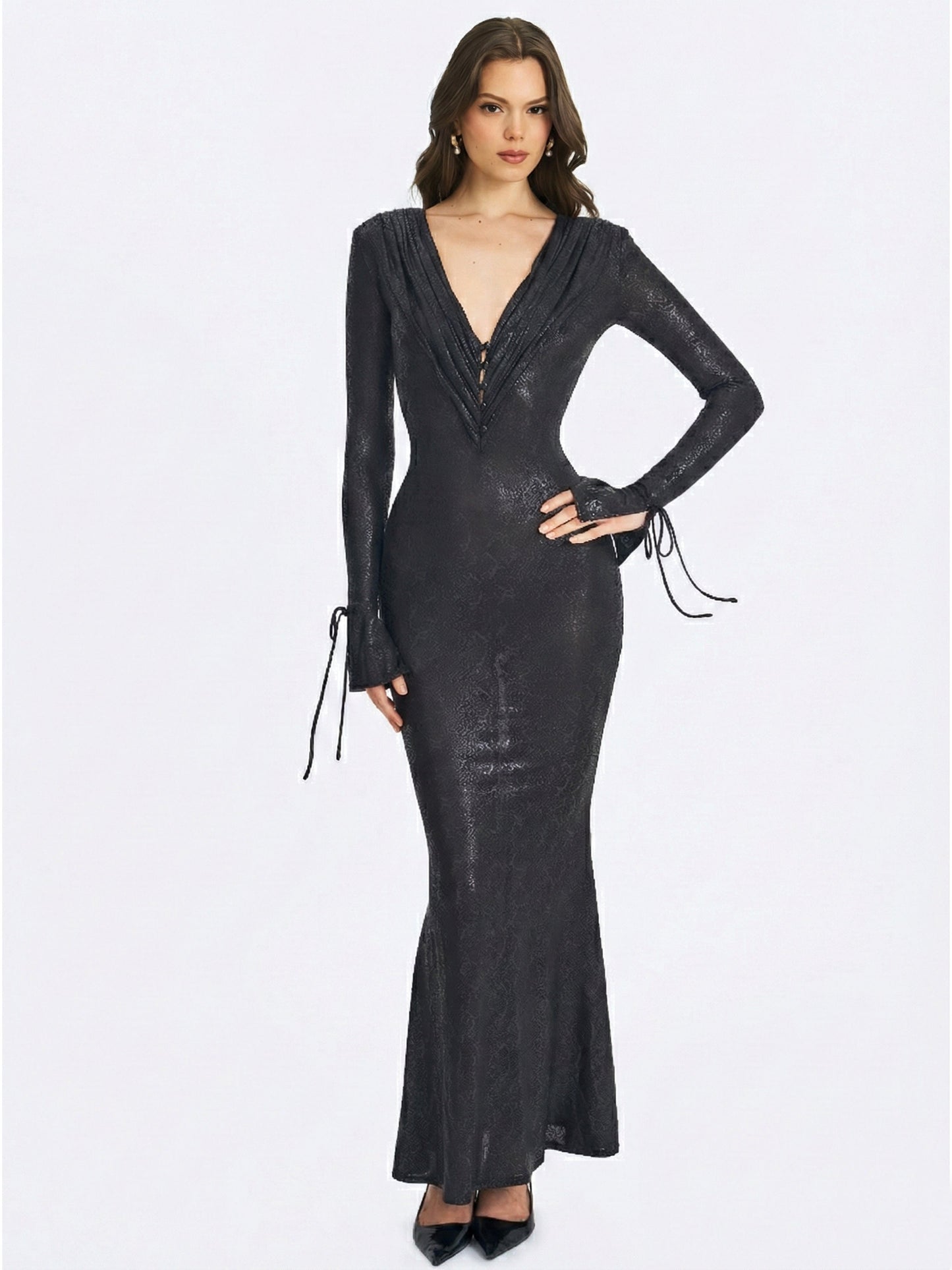 Ilysia Black V-Neck Plunge Snakeskin Mermaid Hem Maxi Dress
