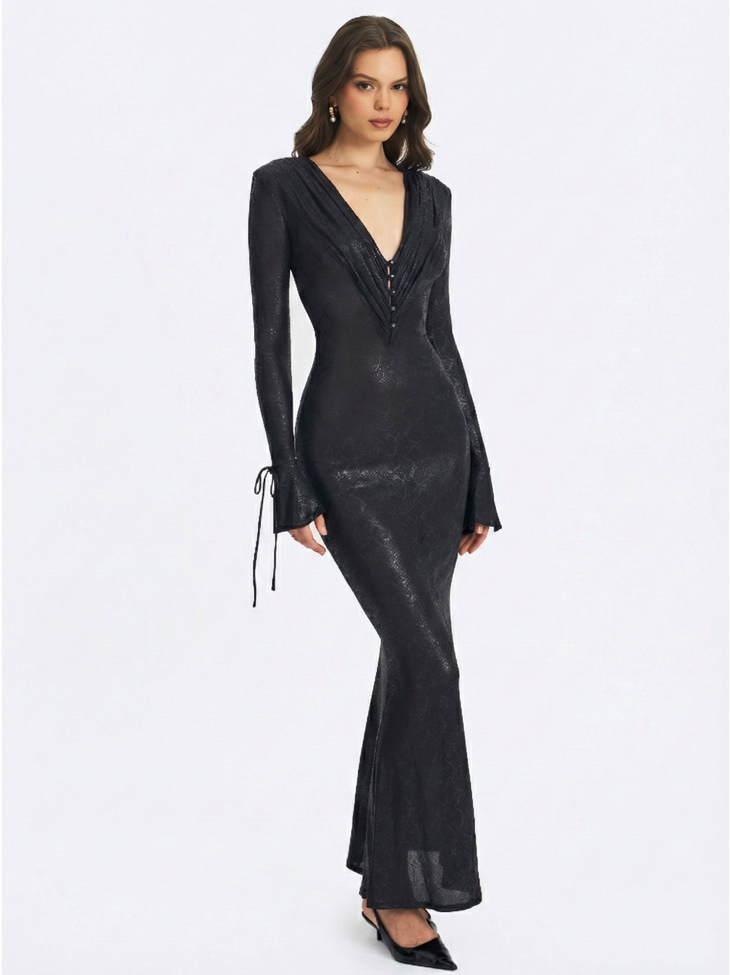 Ilysia Black V-Neck Plunge Snakeskin Mermaid Hem Maxi Dress