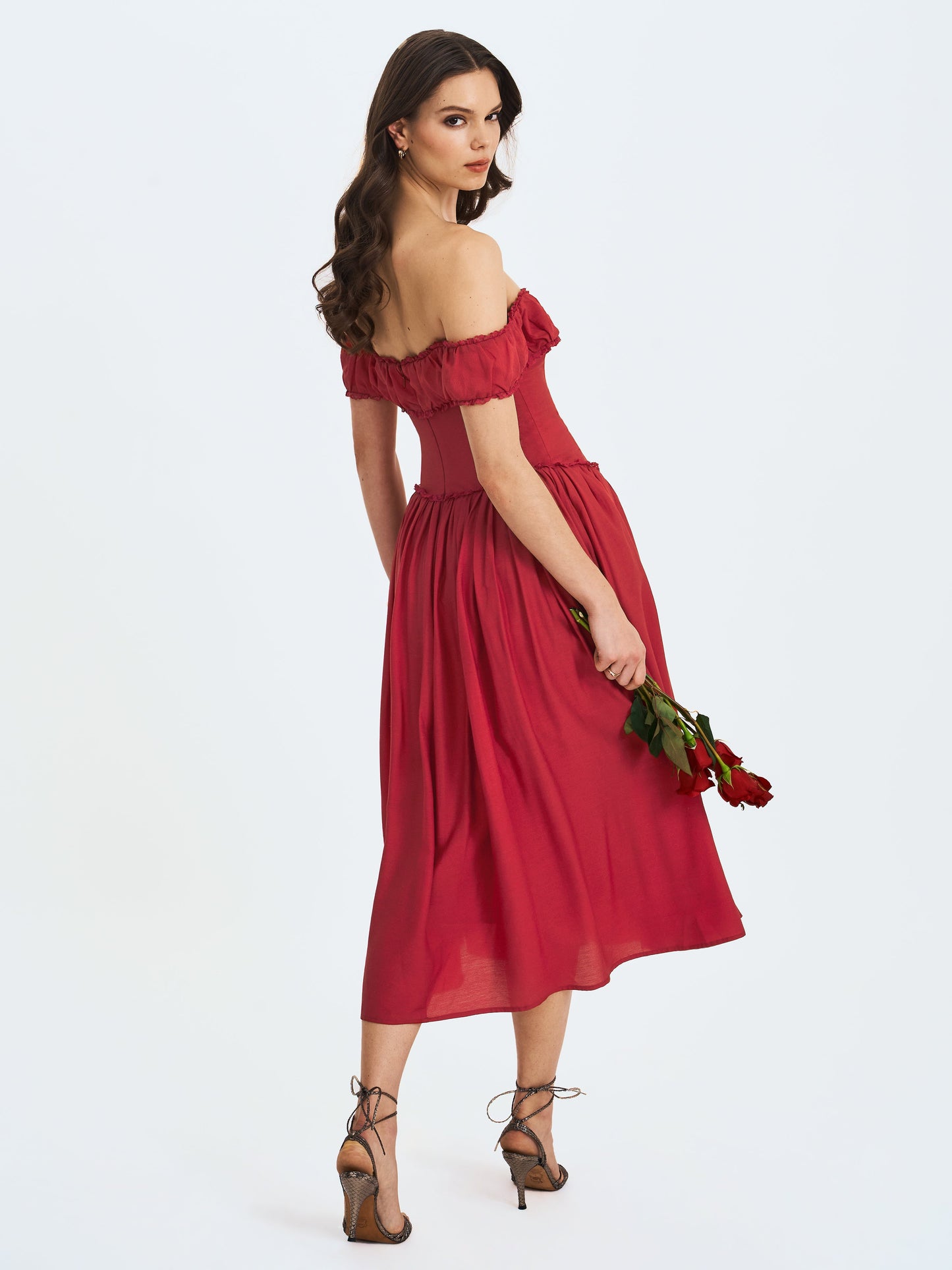 Xavy Crimson Off-Shoulder Corset Midi Dress