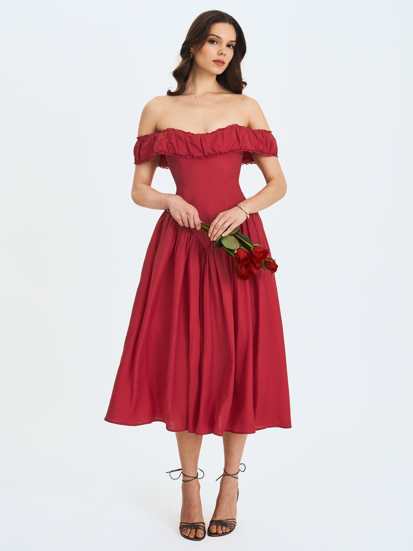 Xavy Crimson Off-Shoulder Corset Midi Dress