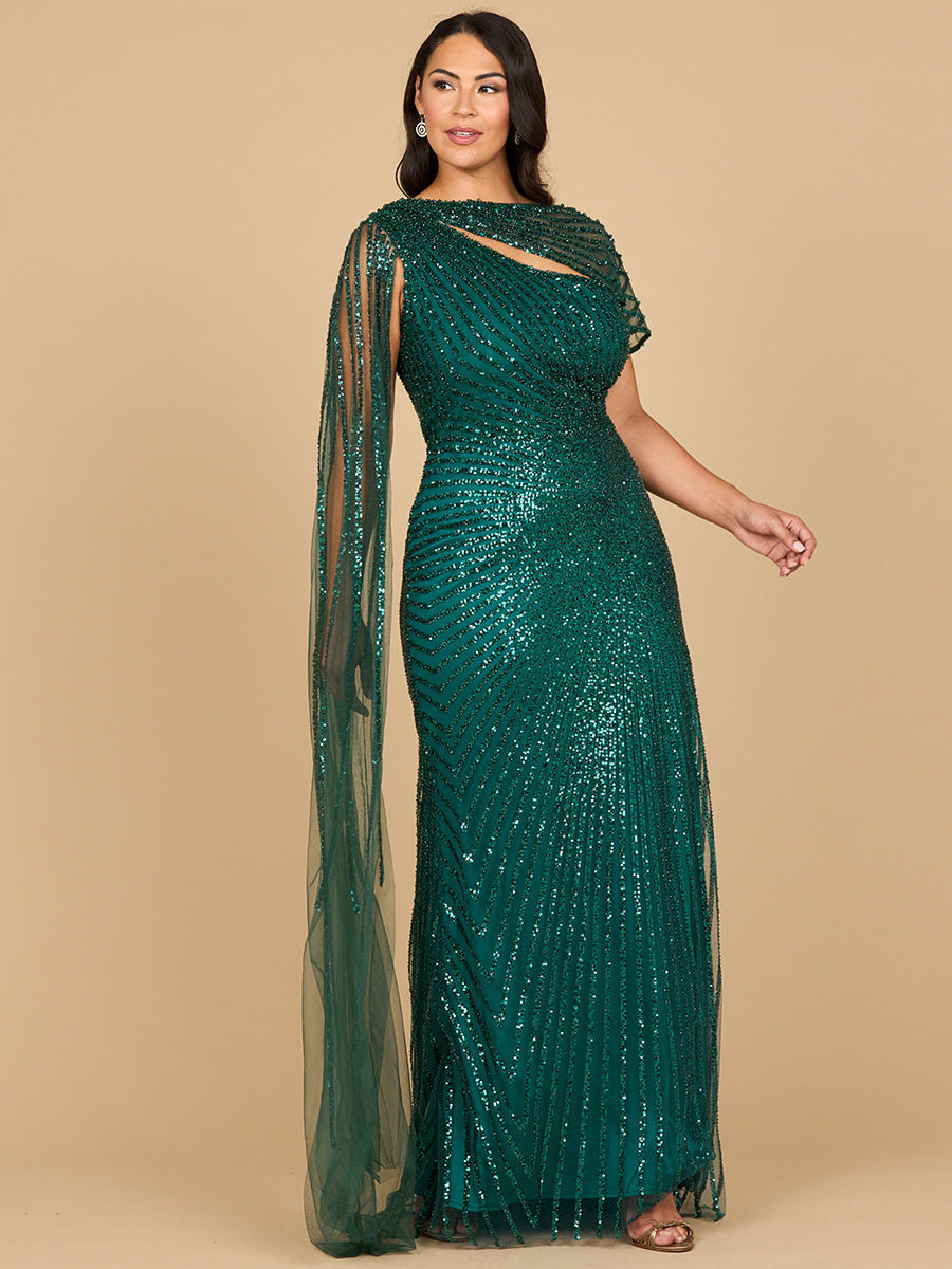 One Shoulder Fitted Gown with Cape Sleeve | Lara 29051