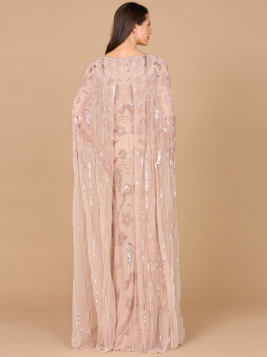 Beaded Sheath Dress with Long Cape