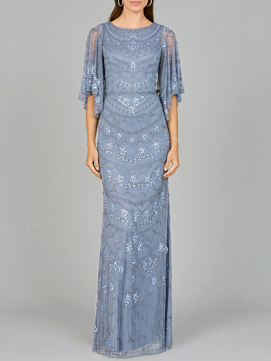 High Neck, Cape Sleeve Beaded Gown - OUTLET