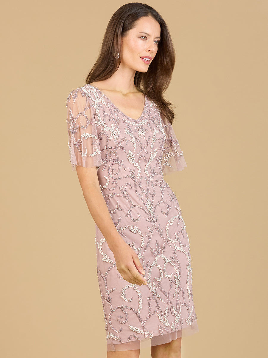 Beaded Short Dress with Cape Sleeves - OUTLET