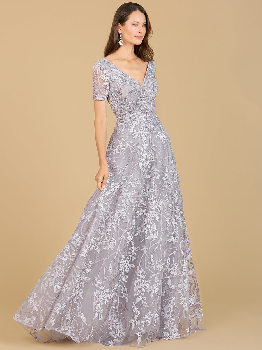 Short Sleeve Lace A-Line Dress with V-Neckline