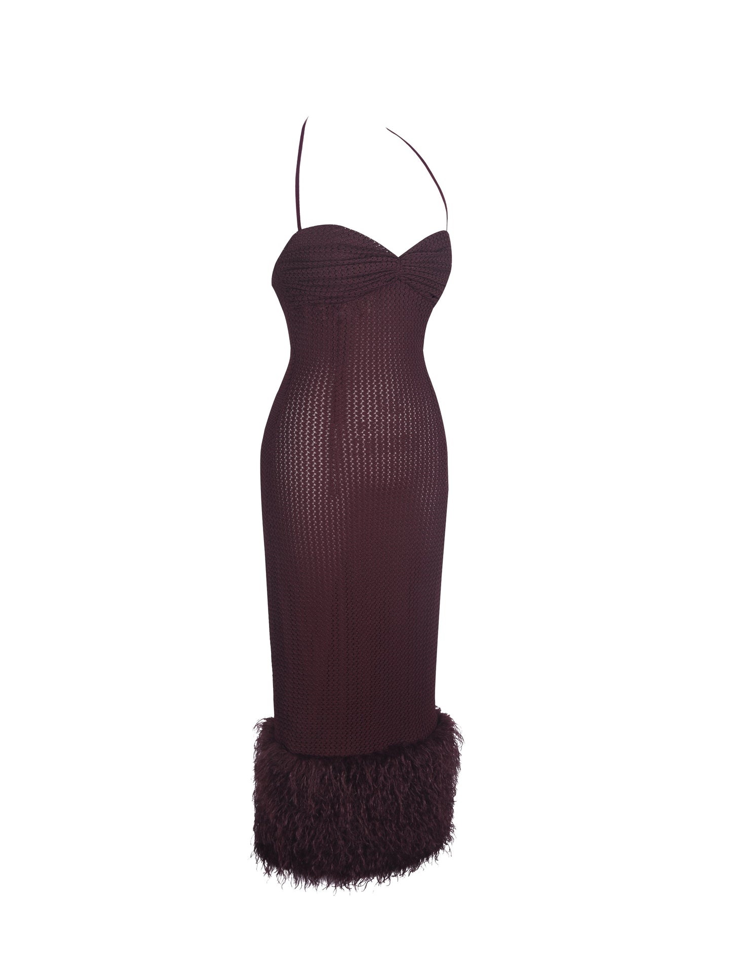 Pluma Maroon Halter Faux-Fur Trimmed Midi Dress
