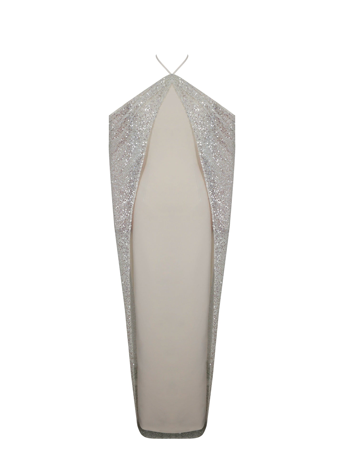 Quimera Almond Beaded Cape Halter Off-Shoulder Maxi Gown