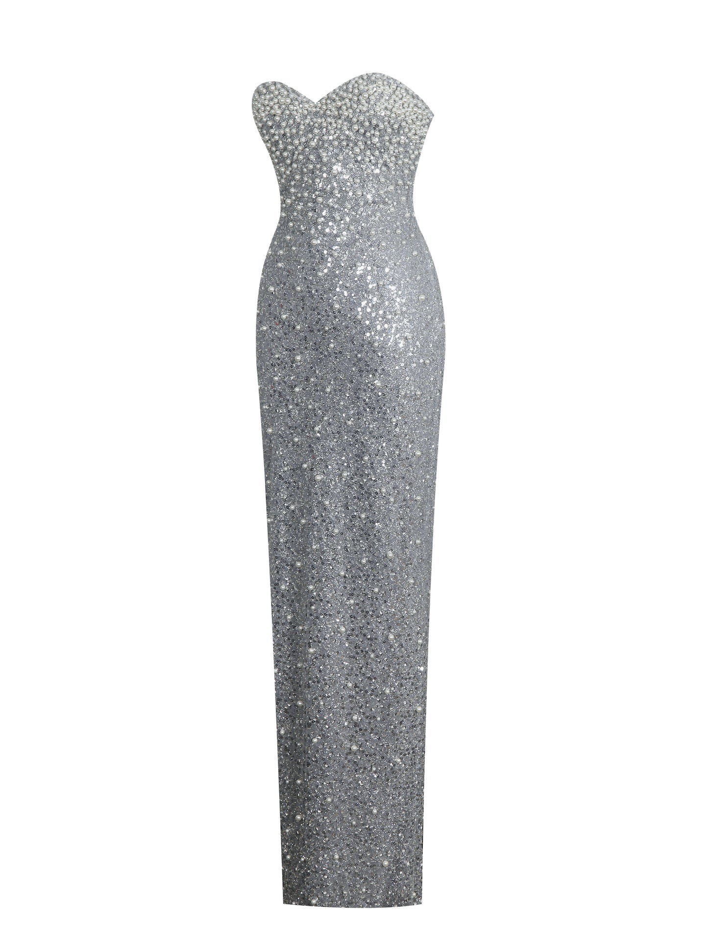 Noelle Silver Sequin Pearl-Embellished Sweetheart Maxi Dress