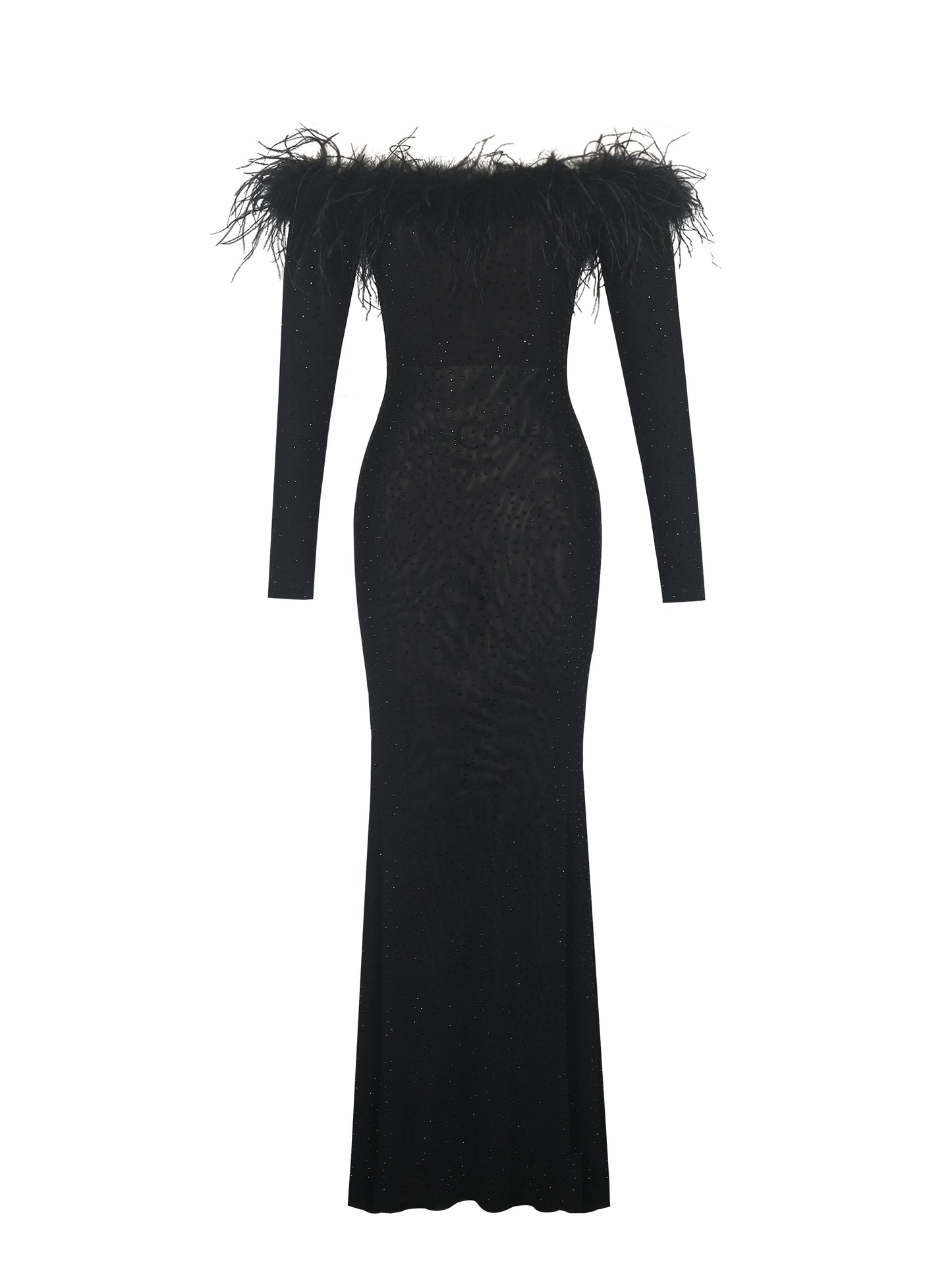 Emberly Black Fur Trimmed Off-Shoulder Rhinestone Mermaid Maxi Dress