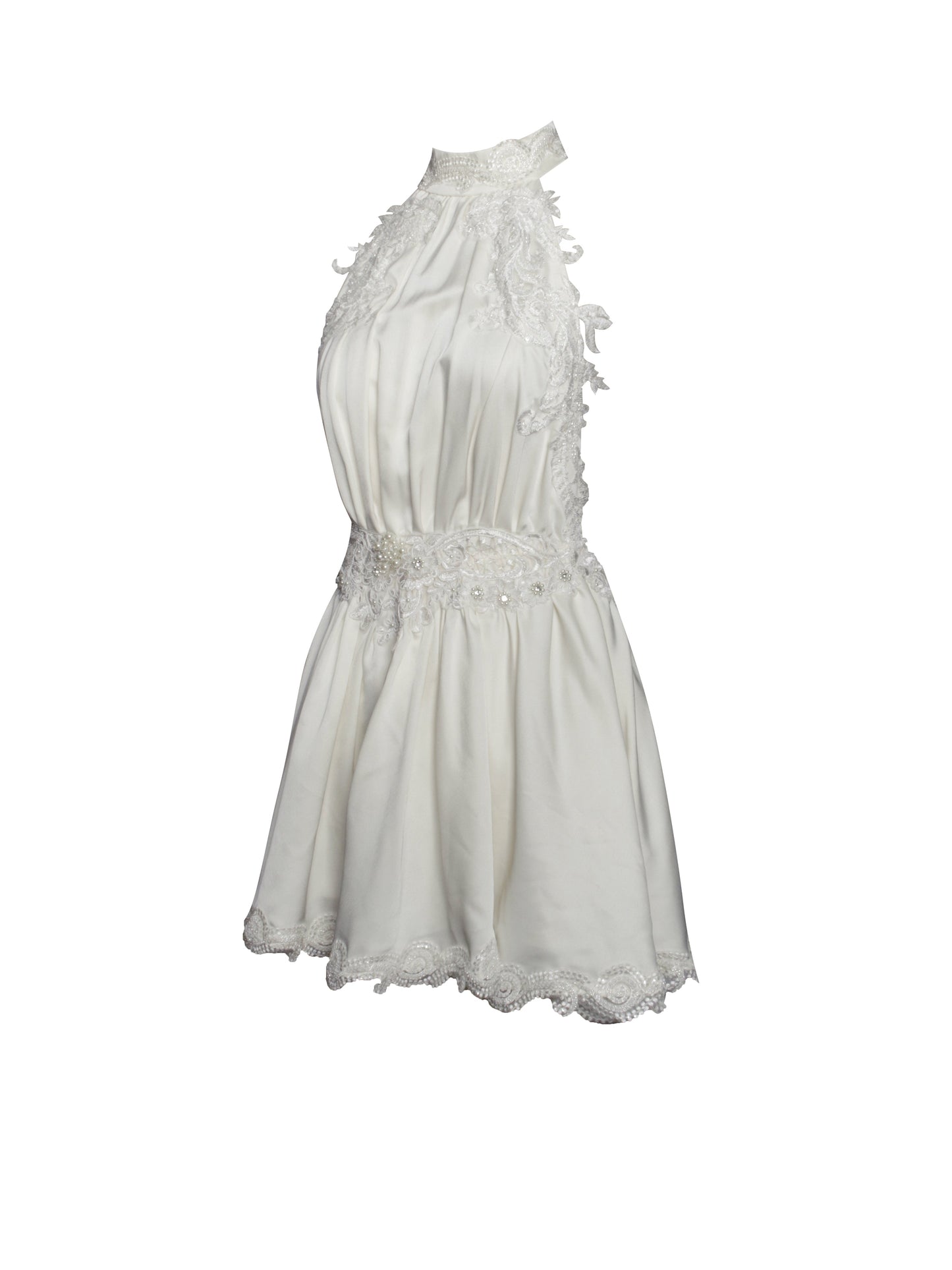 Idalia Pearl White Beaded Lace Trim Backless Halter Mini Dress
