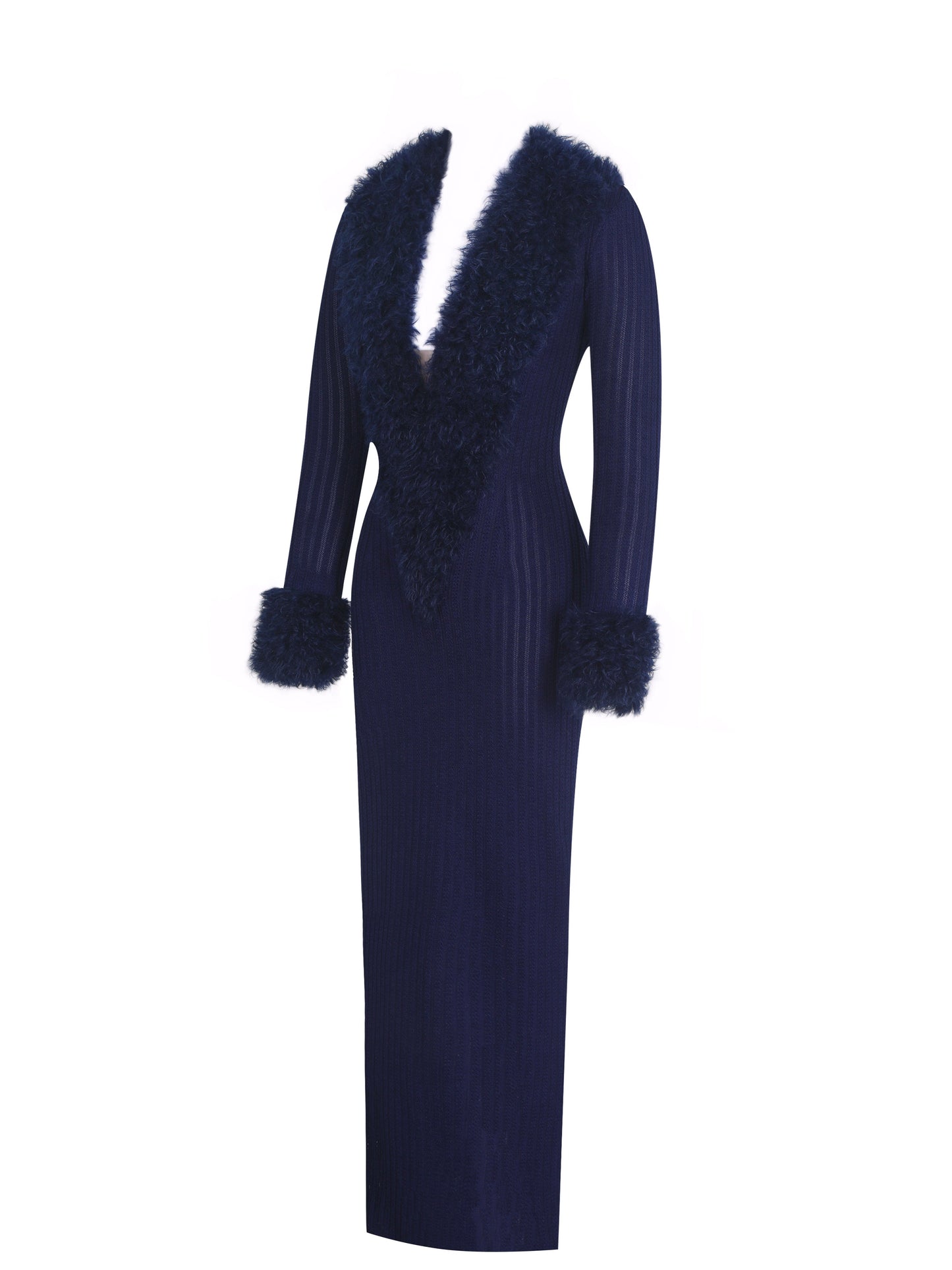 Romina Navy Plunging Fur Trimmed Crochet Maxi Dress