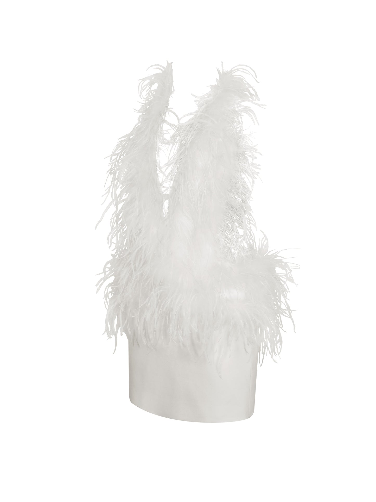 Quisten White Feathered Plunging Halter Mini Dress