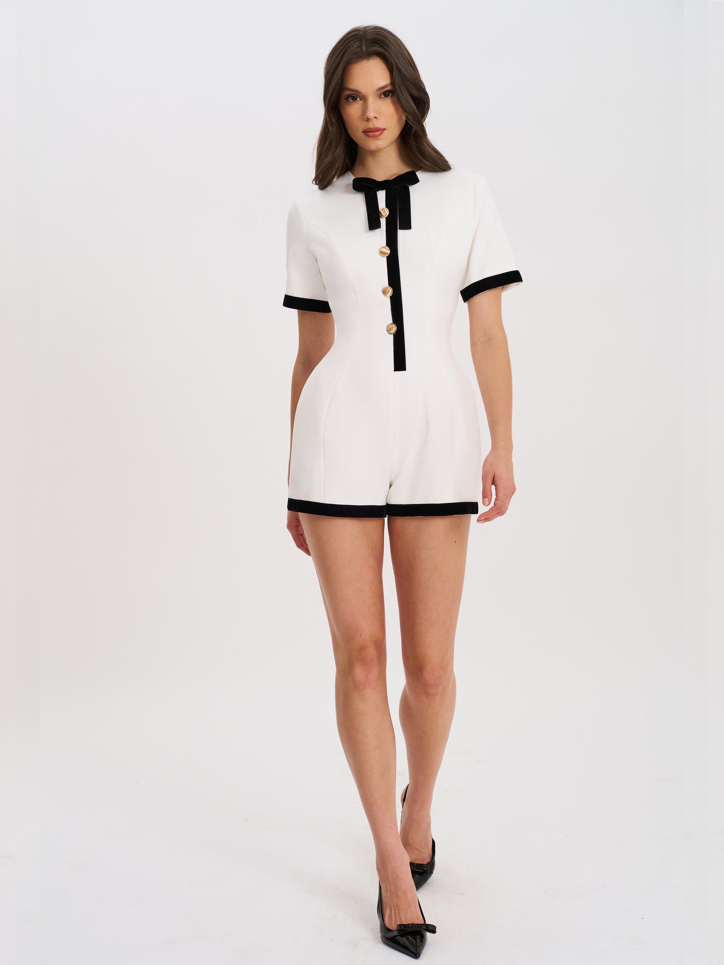 Idina Business Casual White Romper with Black Trim