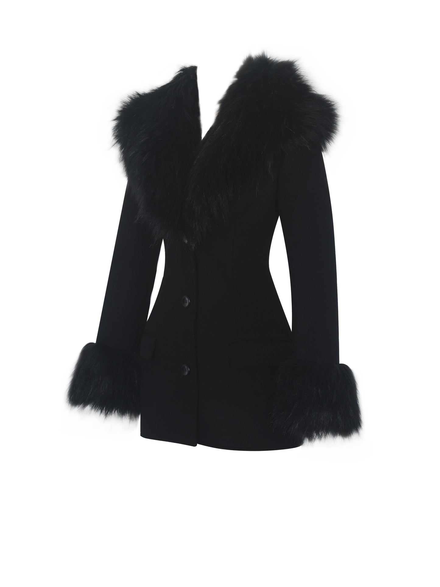 Hailee Black Single Breasted Wool Blend Mini Coat with Removable Fur Lapel
