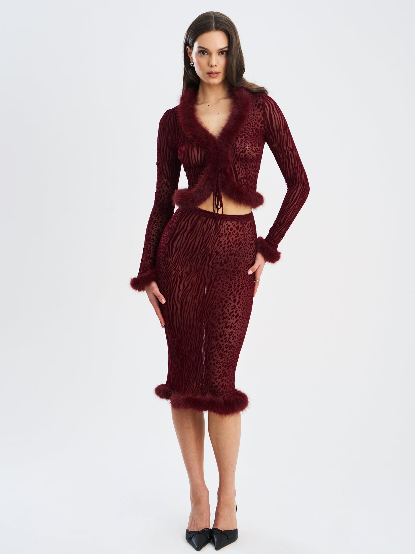Halia Burgundy Animal Print Burnout Velvet Fur Trim Skirt