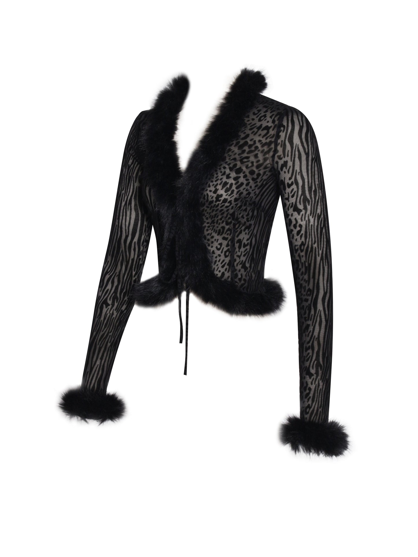 Hali Black Animal Print Burnout Velvet Fur Trim Top