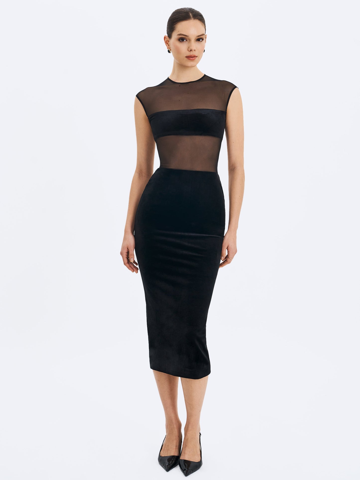 Quielle Black Mesh and Velvet Midi Bodycon Dress