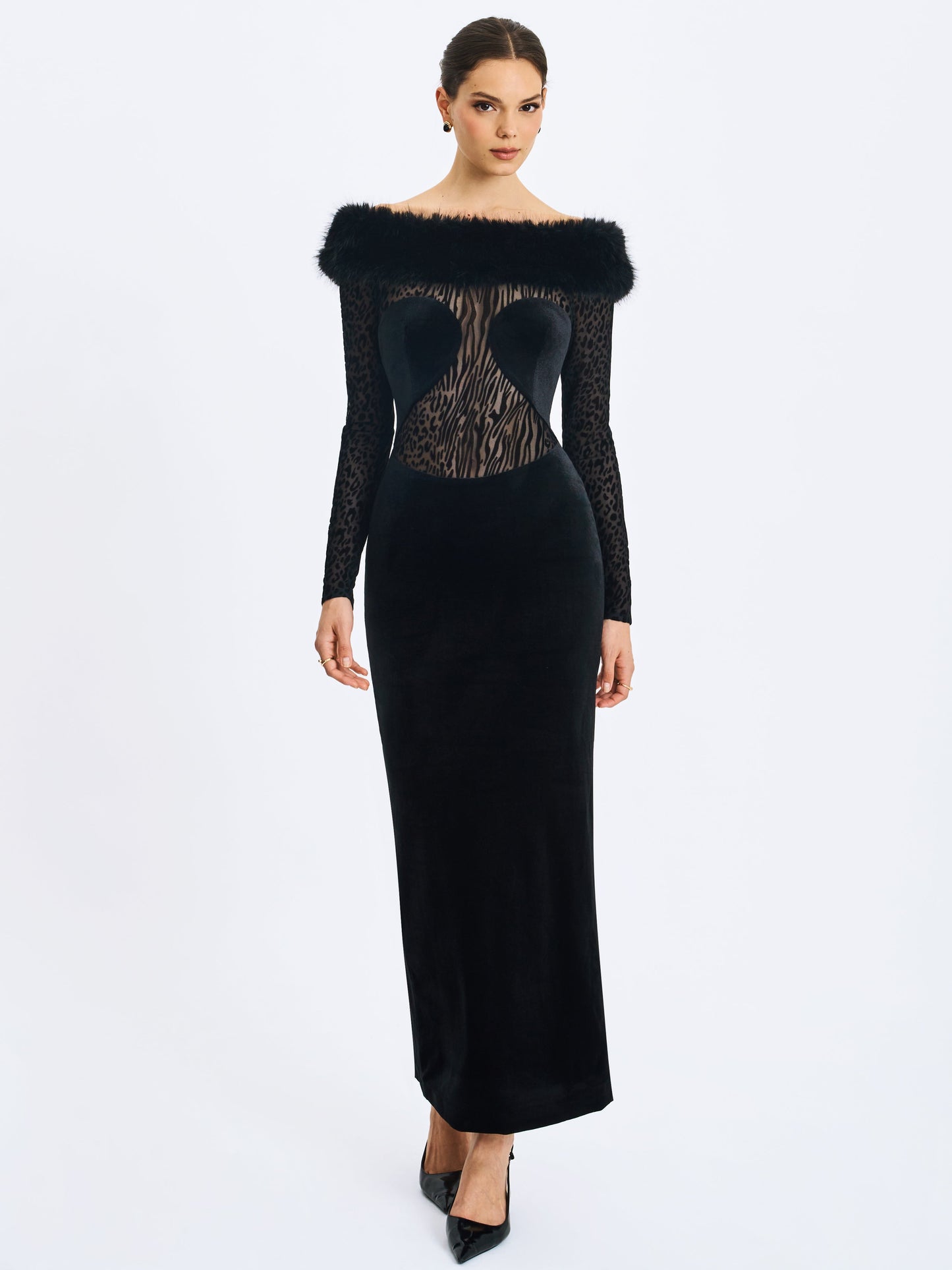 Alexis Black Velvet Animal Print Fur Boatneck Maxi Dress
