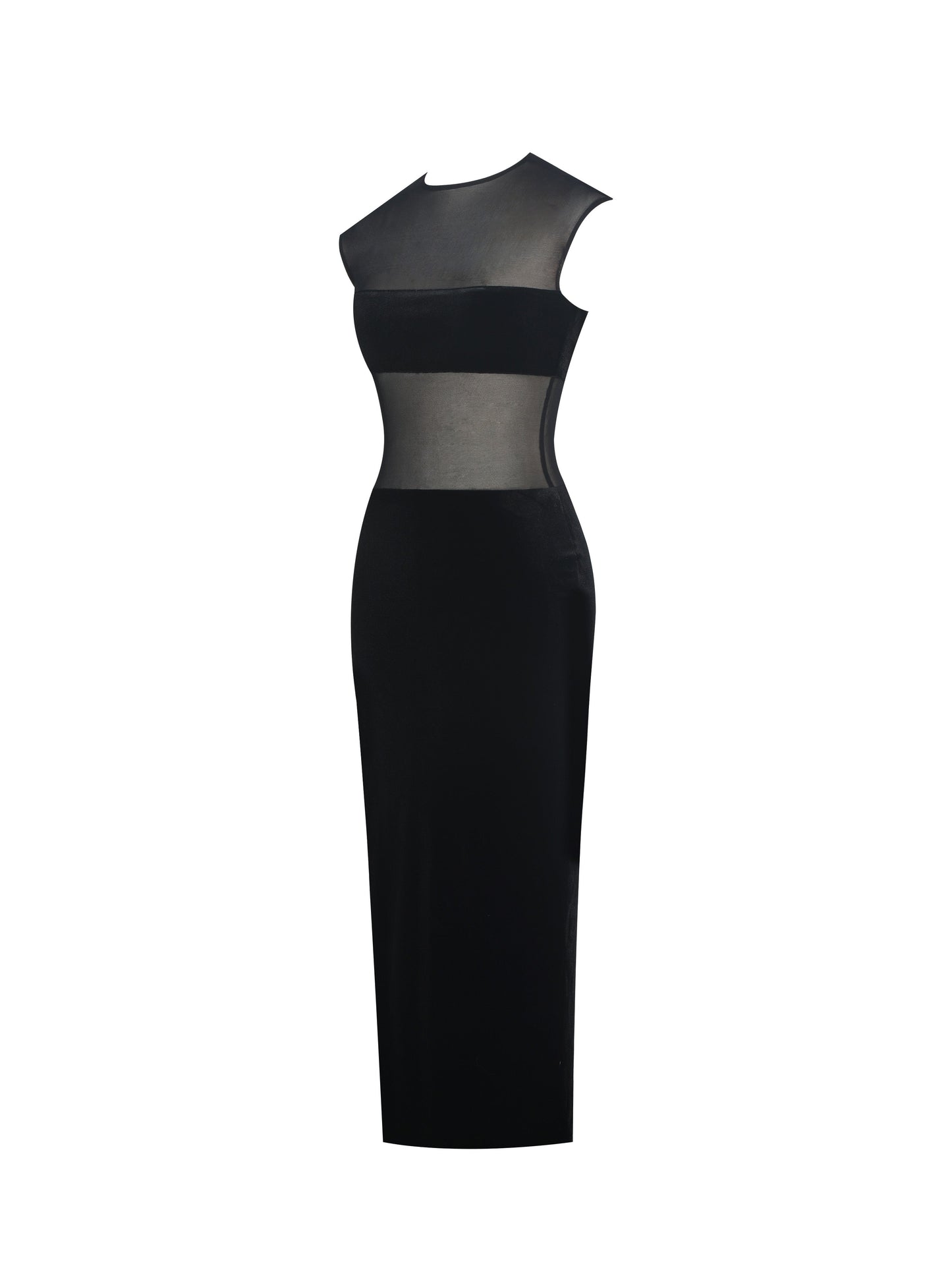 Quielle Black Mesh and Velvet Midi Bodycon Dress