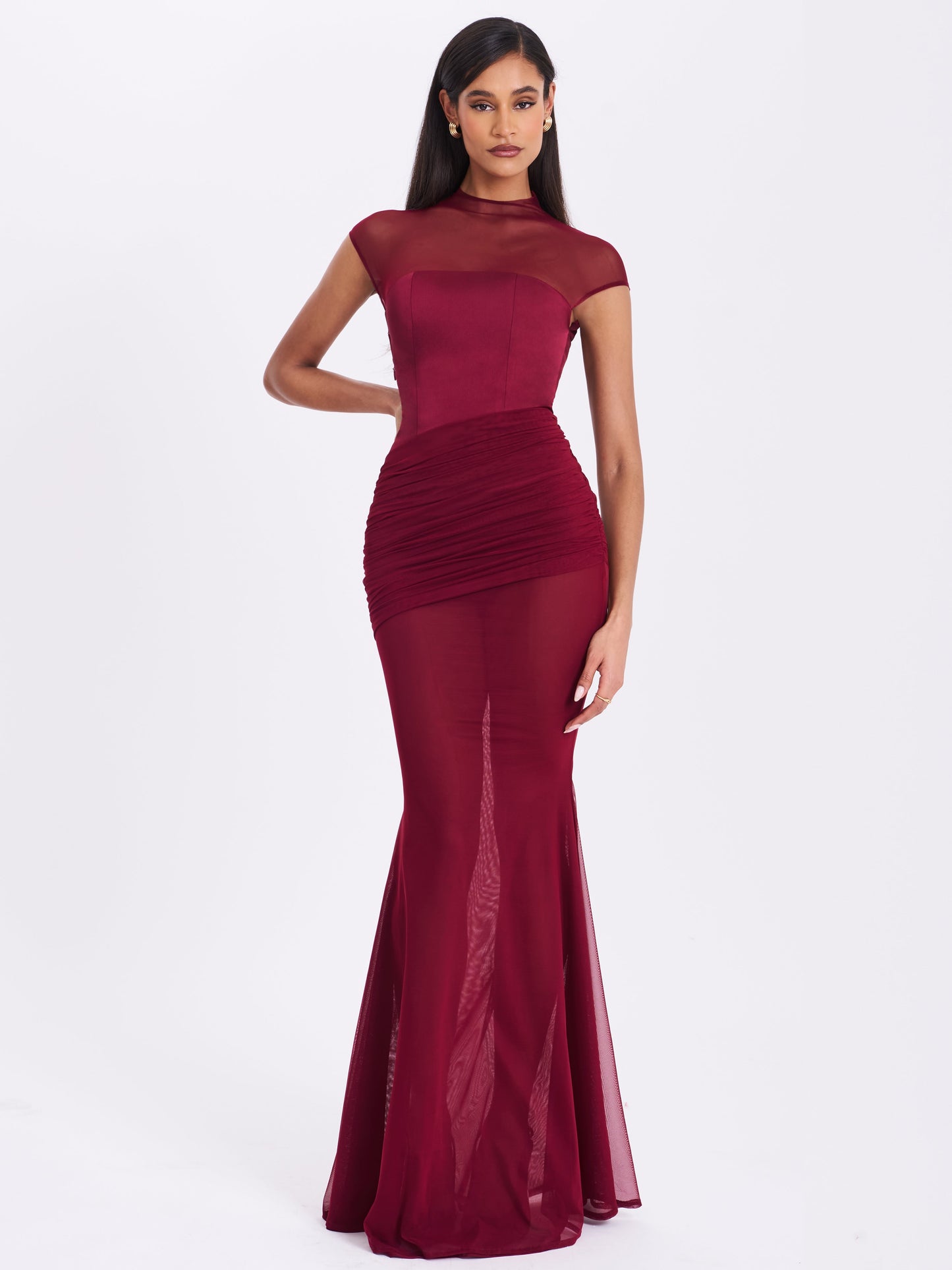 Fabienne Burgundy Mesh Cap Sleeve Mermaid Gown