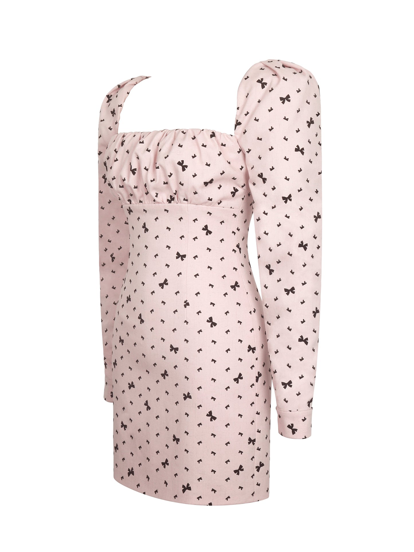 Perla Baby Pink Ruched Bust Velvet-Embossed Bow Mini Dress